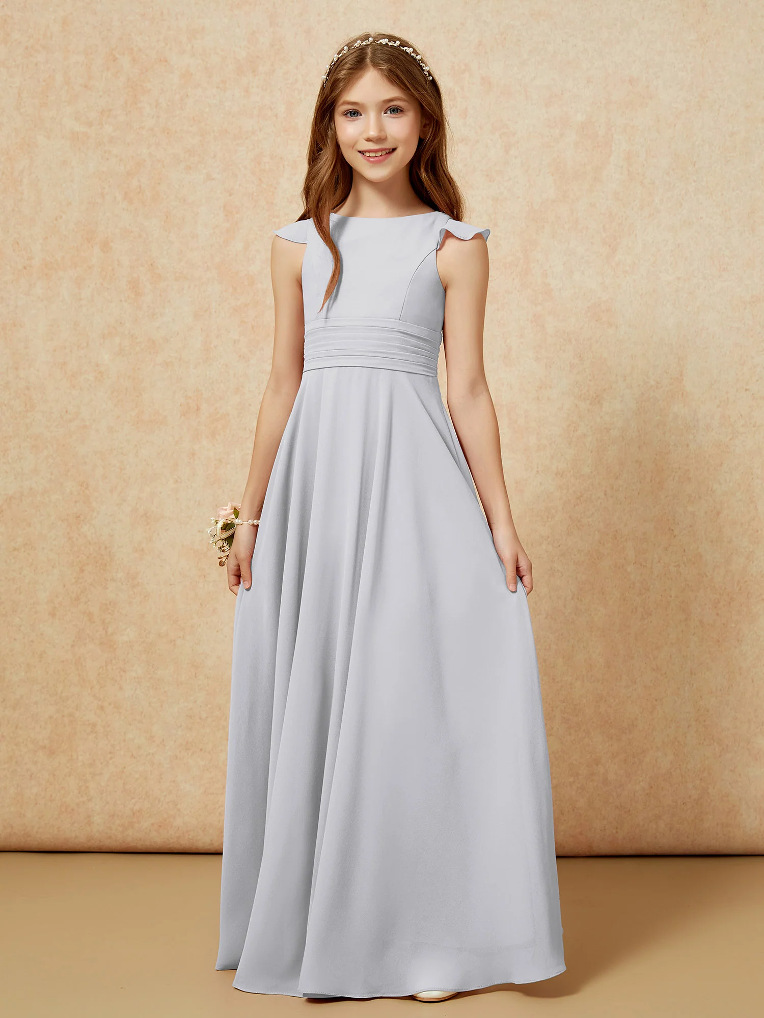 Jewel Neck Flutter Sleeves Chiffon Junior Bridesmaid Dresses Silver - Image 6