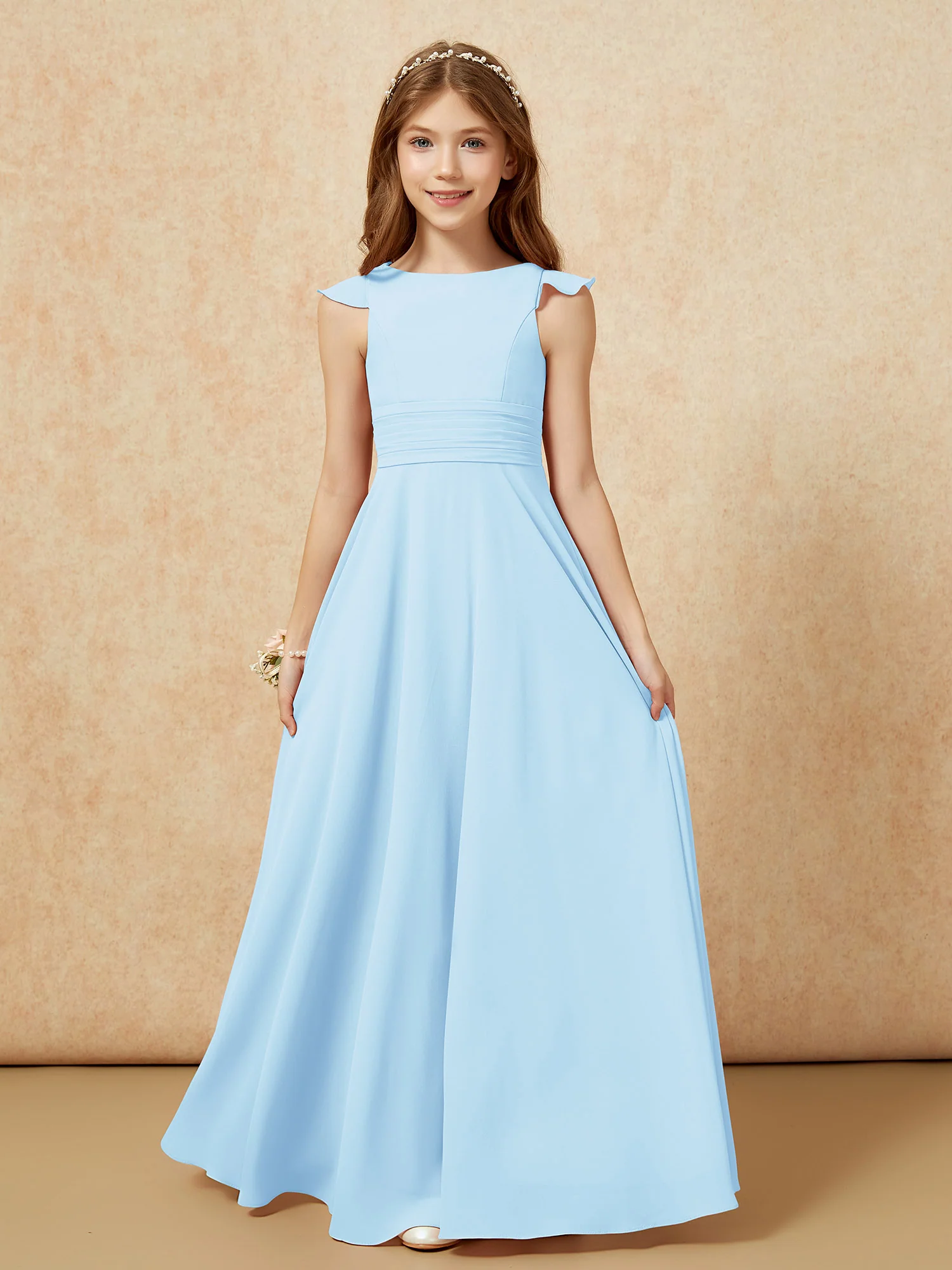 Jewel Neck Flutter Sleeves Chiffon Junior Bridesmaid Dresses Sky Blue