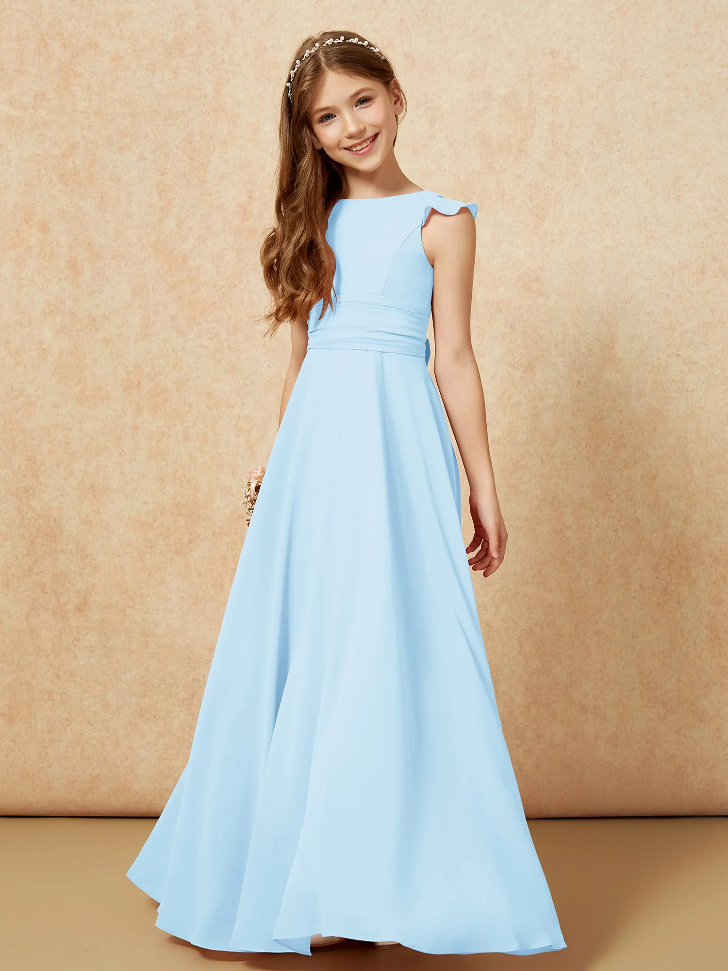 Jewel Neck Flutter Sleeves Chiffon Junior Bridesmaid Dresses Sky Blue - Image 4