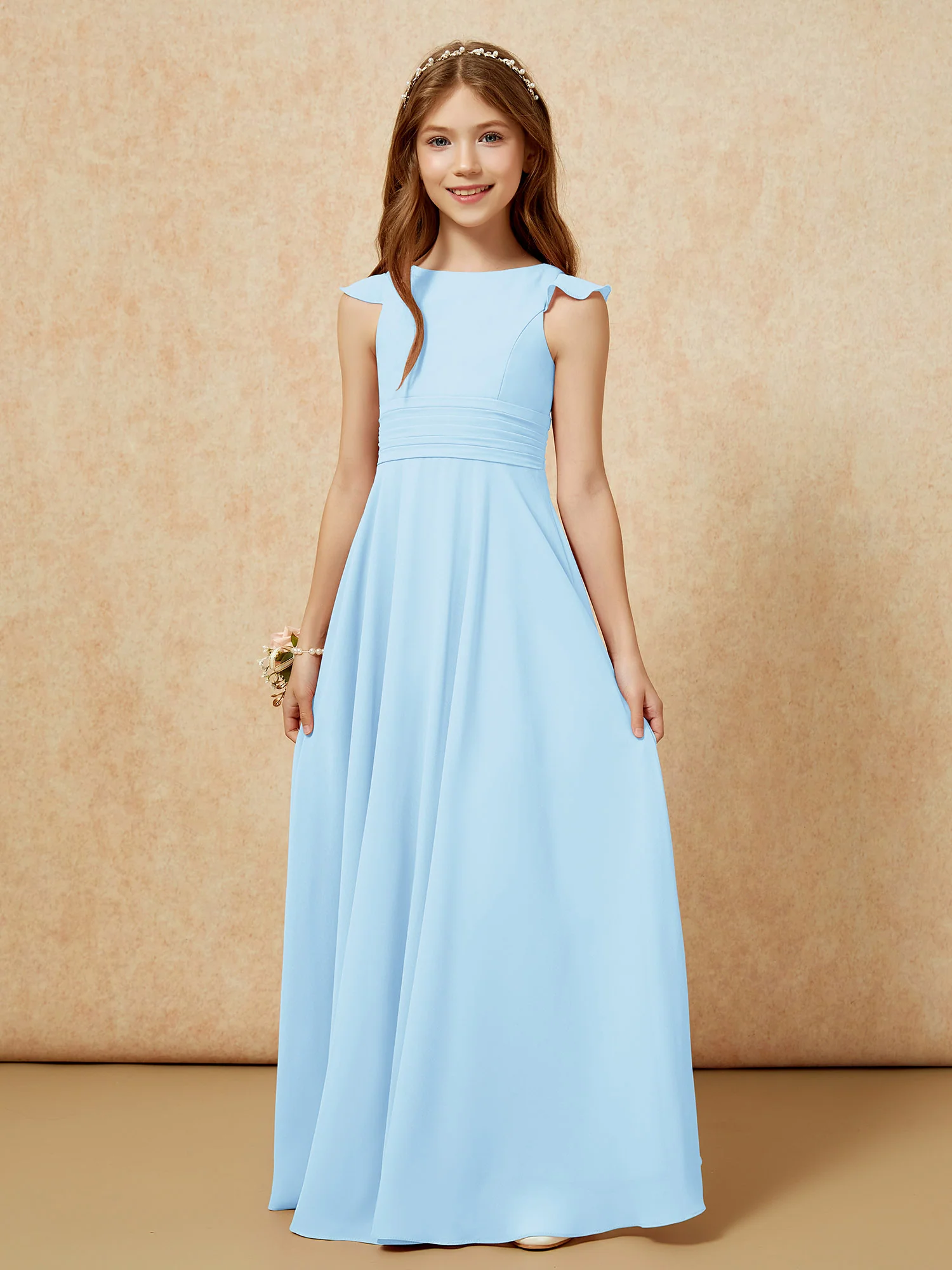 Jewel Neck Flutter Sleeves Chiffon Junior Bridesmaid Dresses Sky Blue - Image 6