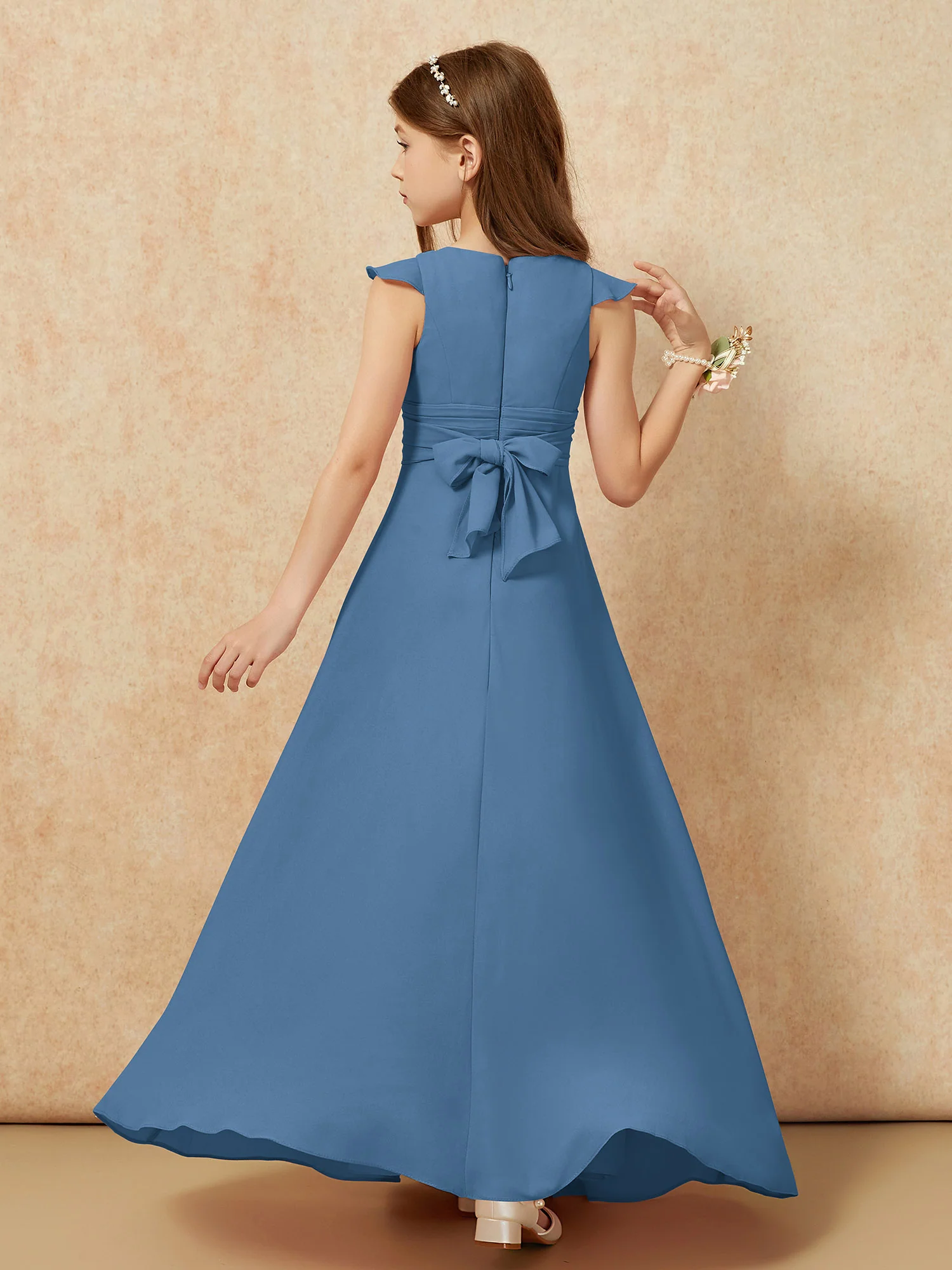 Jewel Neck Flutter Sleeves Chiffon Junior Bridesmaid Dresses Slate Blue - Image 2