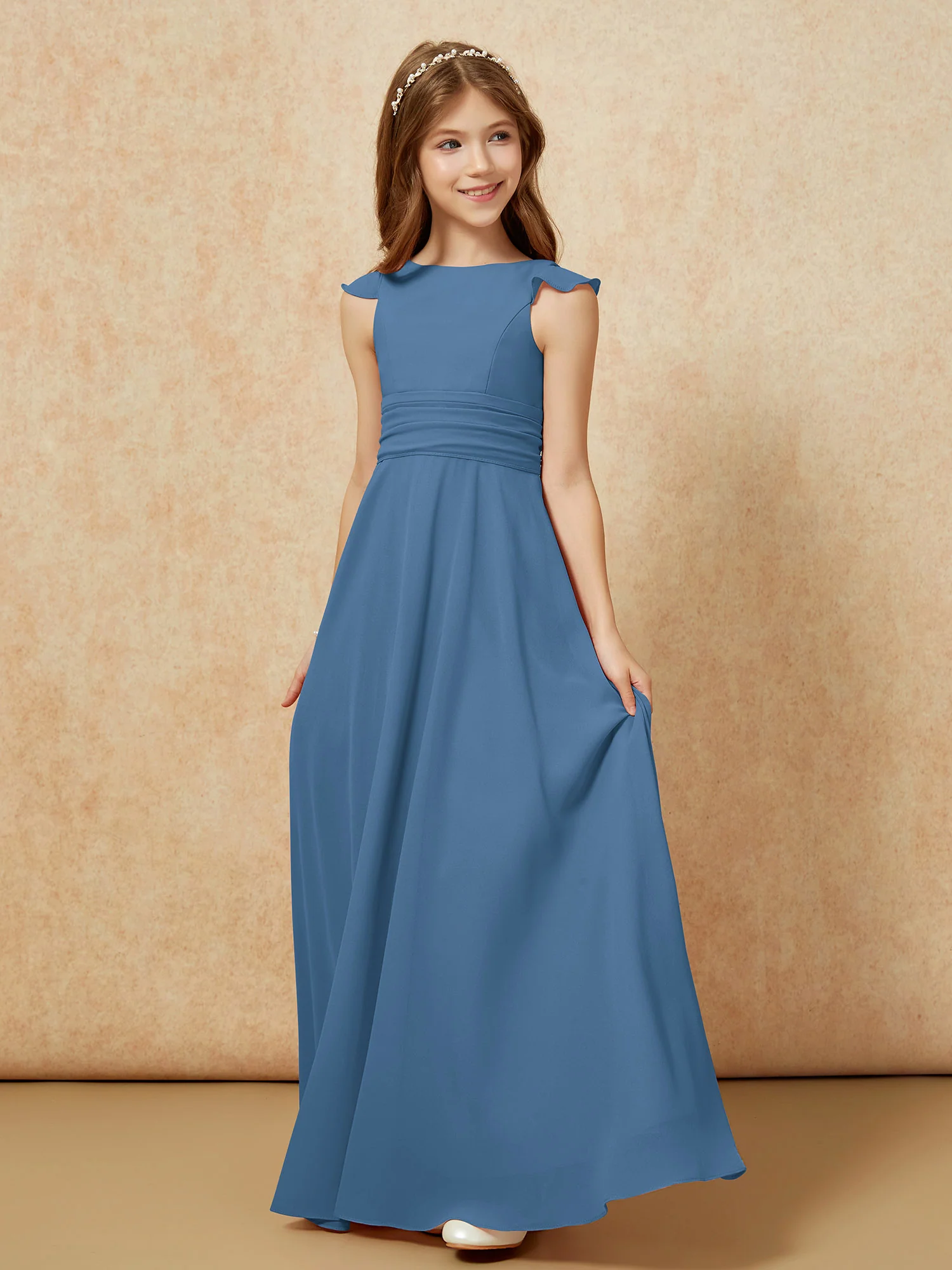 Jewel Neck Flutter Sleeves Chiffon Junior Bridesmaid Dresses Slate Blue - Image 3