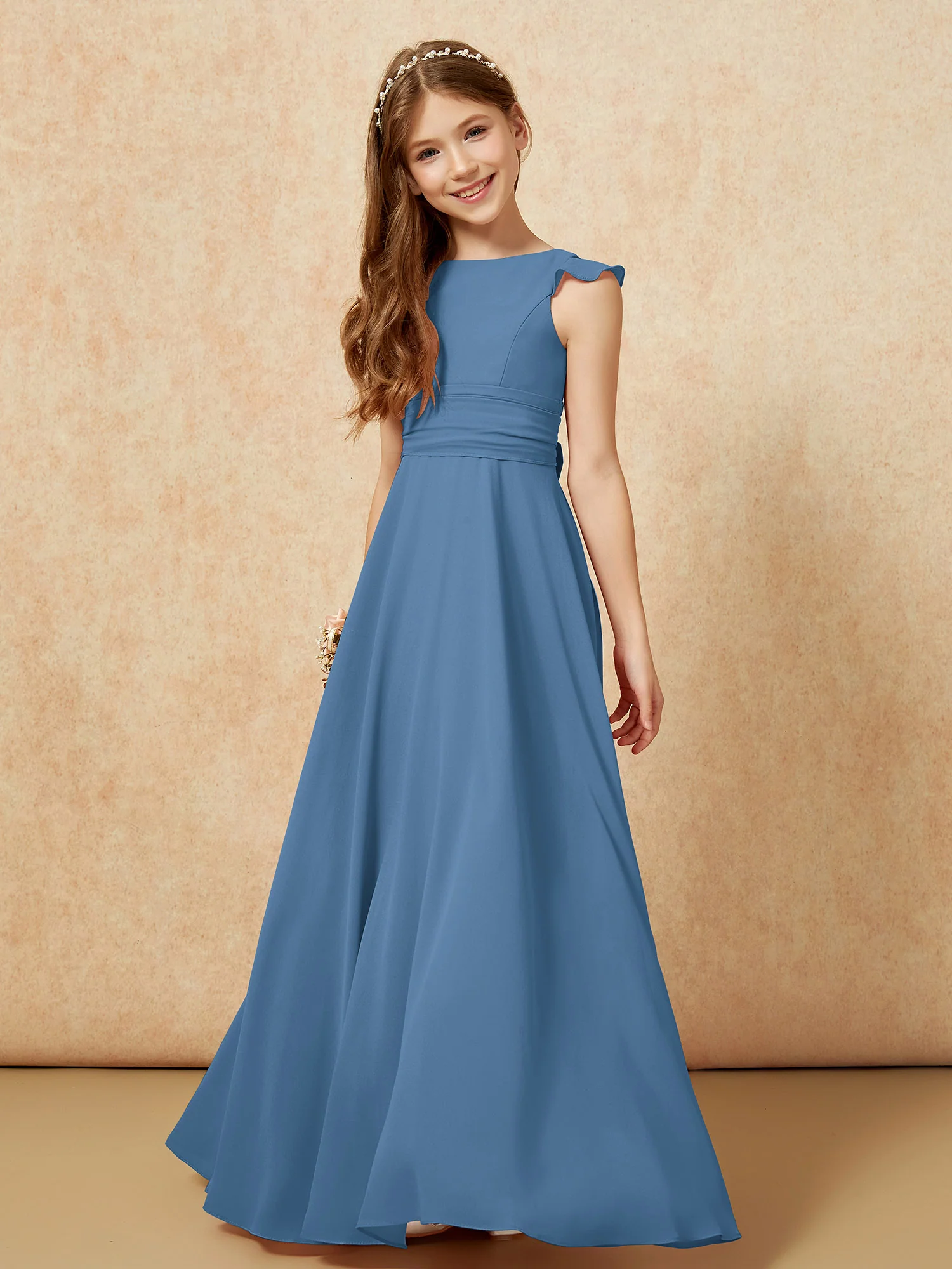 Jewel Neck Flutter Sleeves Chiffon Junior Bridesmaid Dresses Slate Blue - Image 4