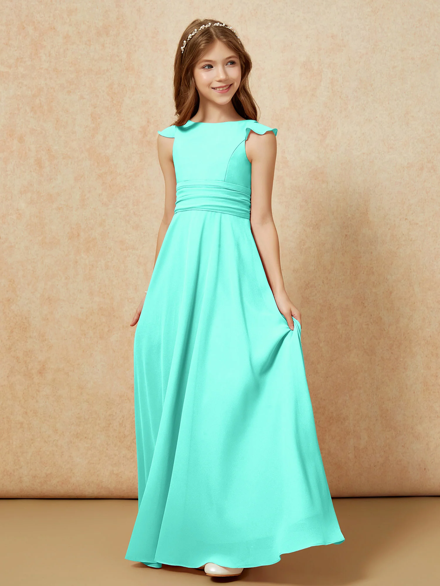 Jewel Neck Flutter Sleeves Chiffon Junior Bridesmaid Dresses Spa - Image 3