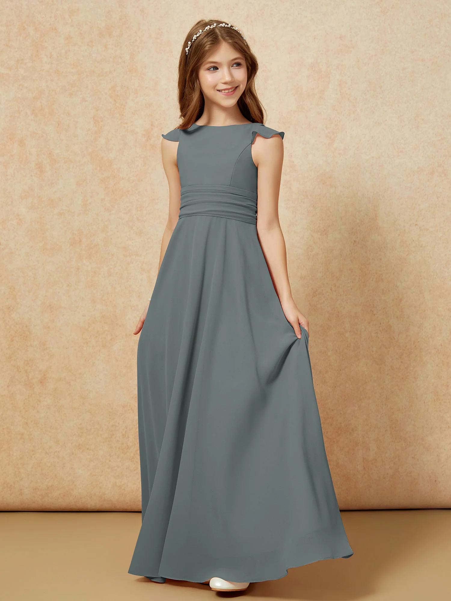 Jewel Neck Flutter Sleeves Chiffon Junior Bridesmaid Dresses Steel Grey - Image 3