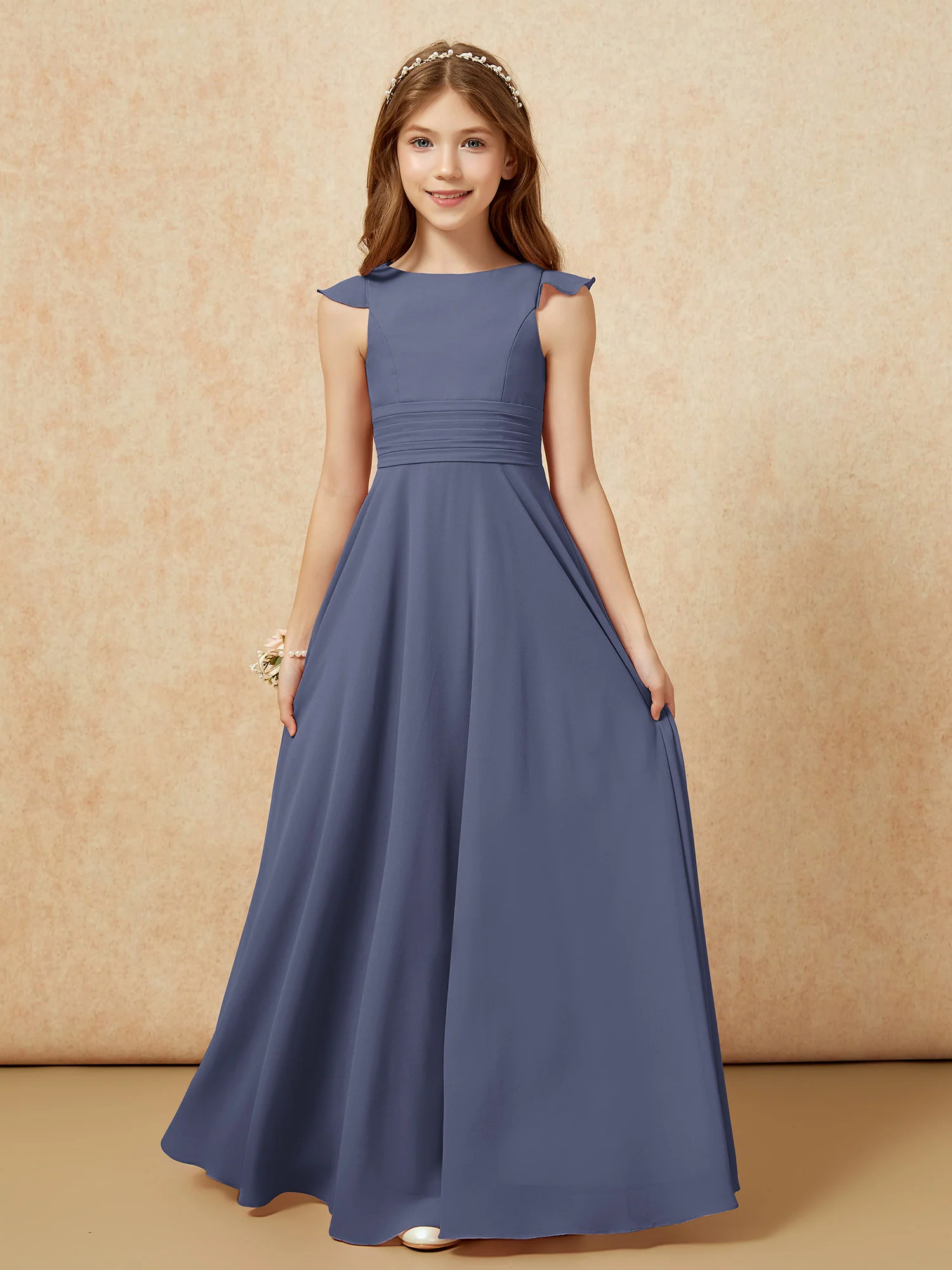 Jewel Neck Flutter Sleeves Chiffon Junior Bridesmaid Dresses Stormy