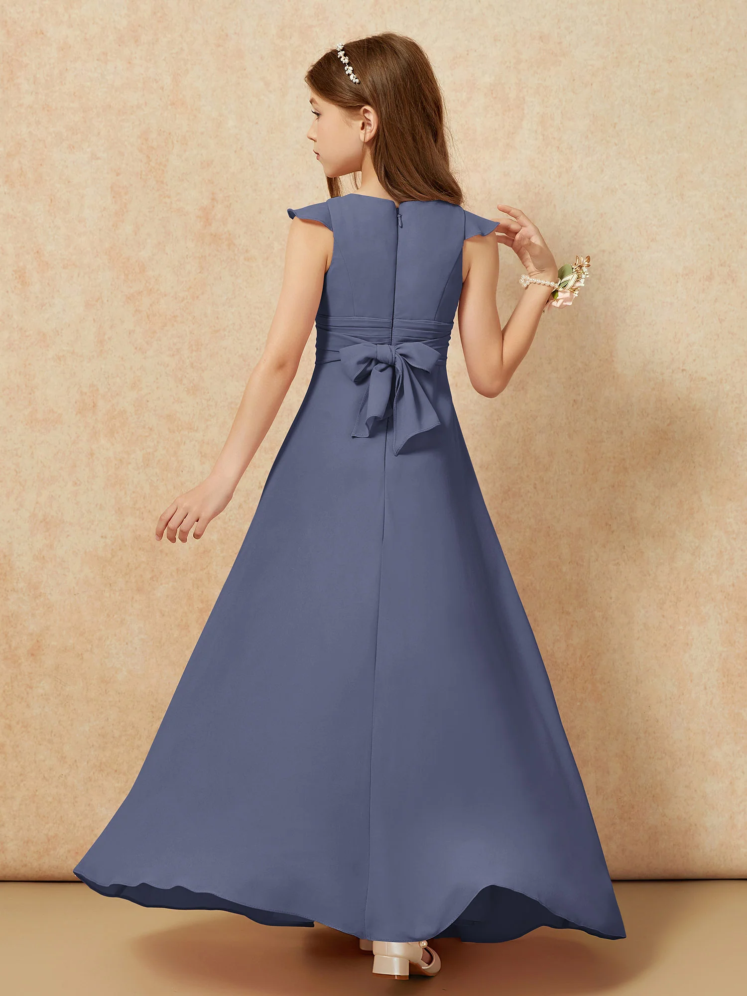 Jewel Neck Flutter Sleeves Chiffon Junior Bridesmaid Dresses Stormy - Image 2