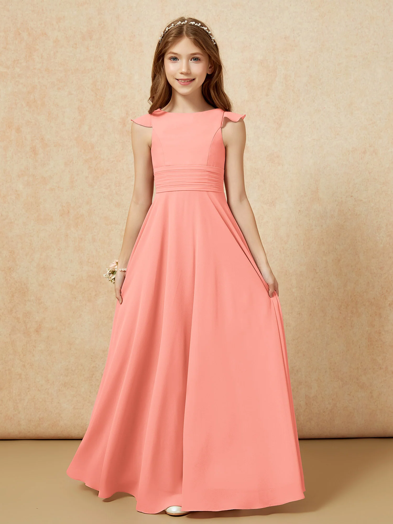 Jewel Neck Flutter Sleeves Chiffon Junior Bridesmaid Dresses Sunset