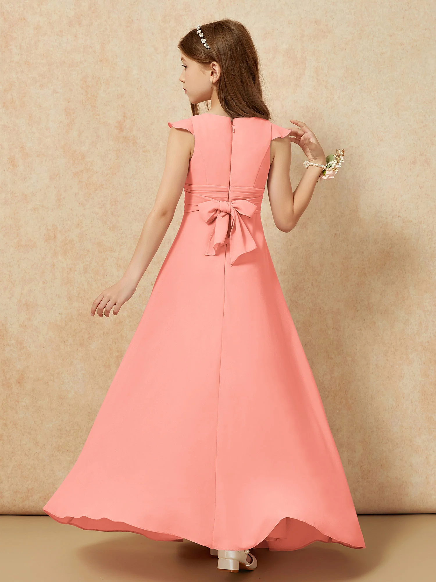 Jewel Neck Flutter Sleeves Chiffon Junior Bridesmaid Dresses Sunset - Image 2
