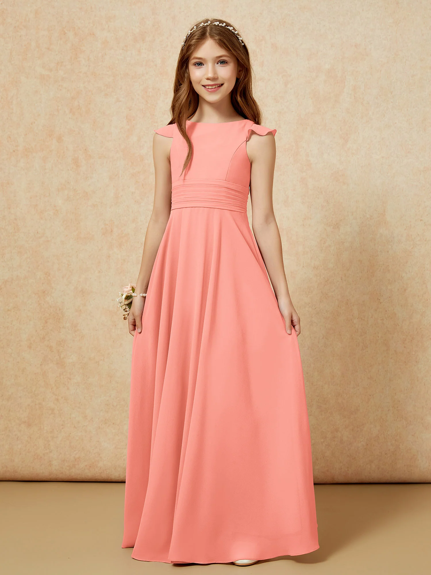 Jewel Neck Flutter Sleeves Chiffon Junior Bridesmaid Dresses Sunset - Image 6
