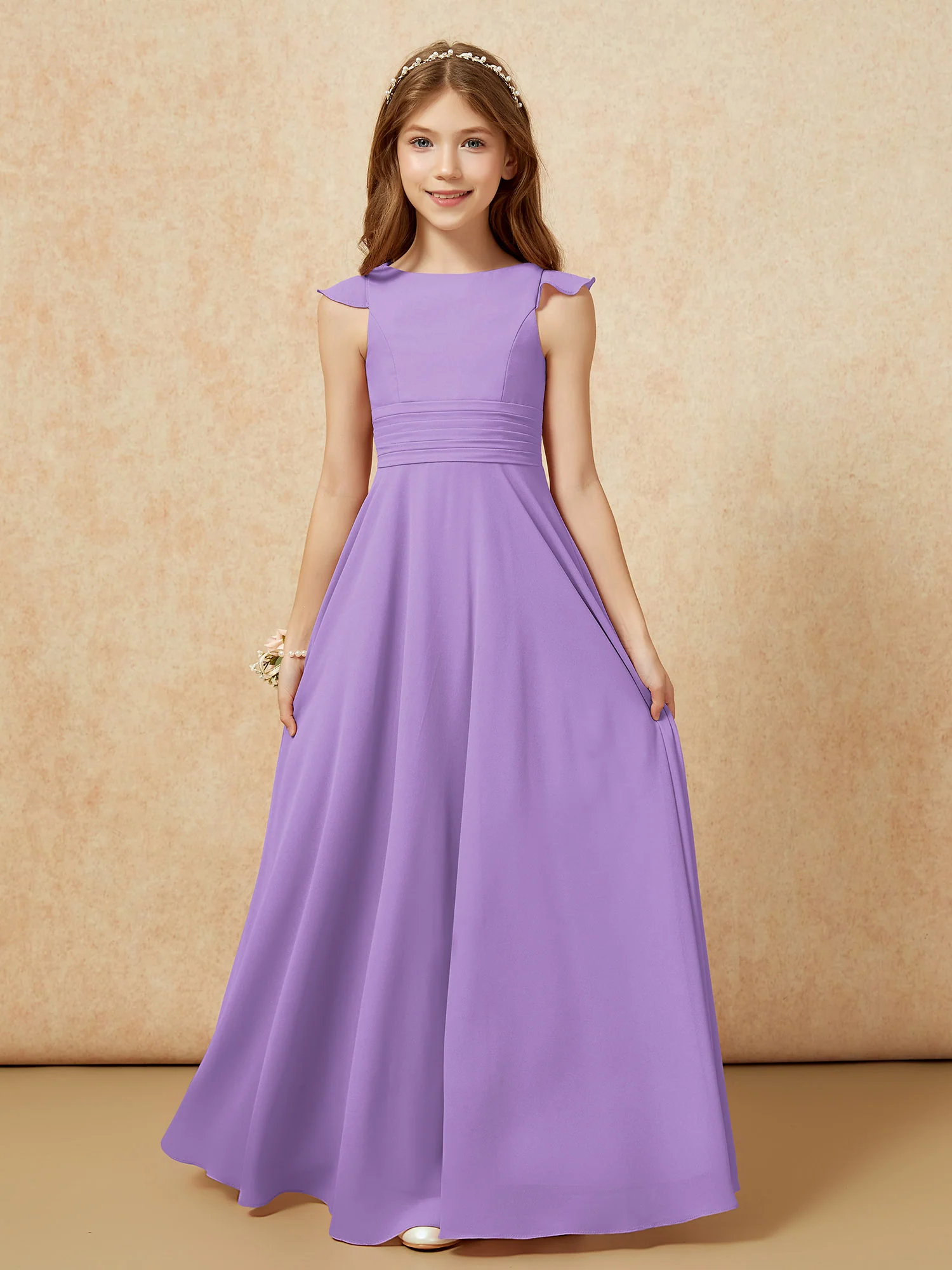 Jewel Neck Flutter Sleeves Chiffon Junior Bridesmaid Dresses Tahiti