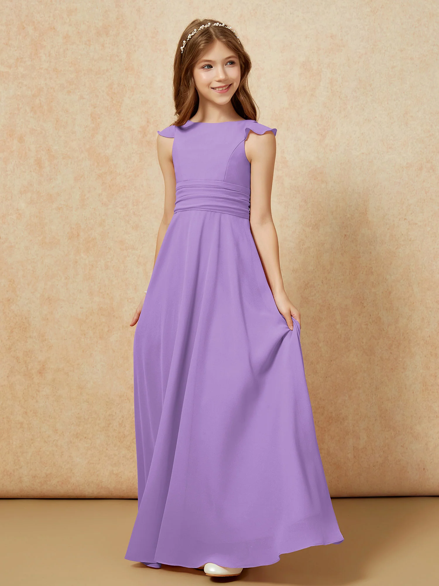 Jewel Neck Flutter Sleeves Chiffon Junior Bridesmaid Dresses Tahiti - Image 3