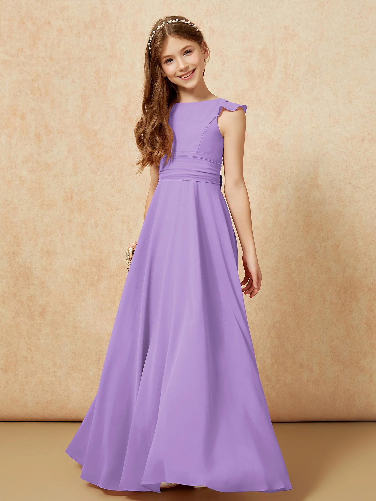 Jewel Neck Flutter Sleeves Chiffon Junior Bridesmaid Dresses Tahiti - Image 4