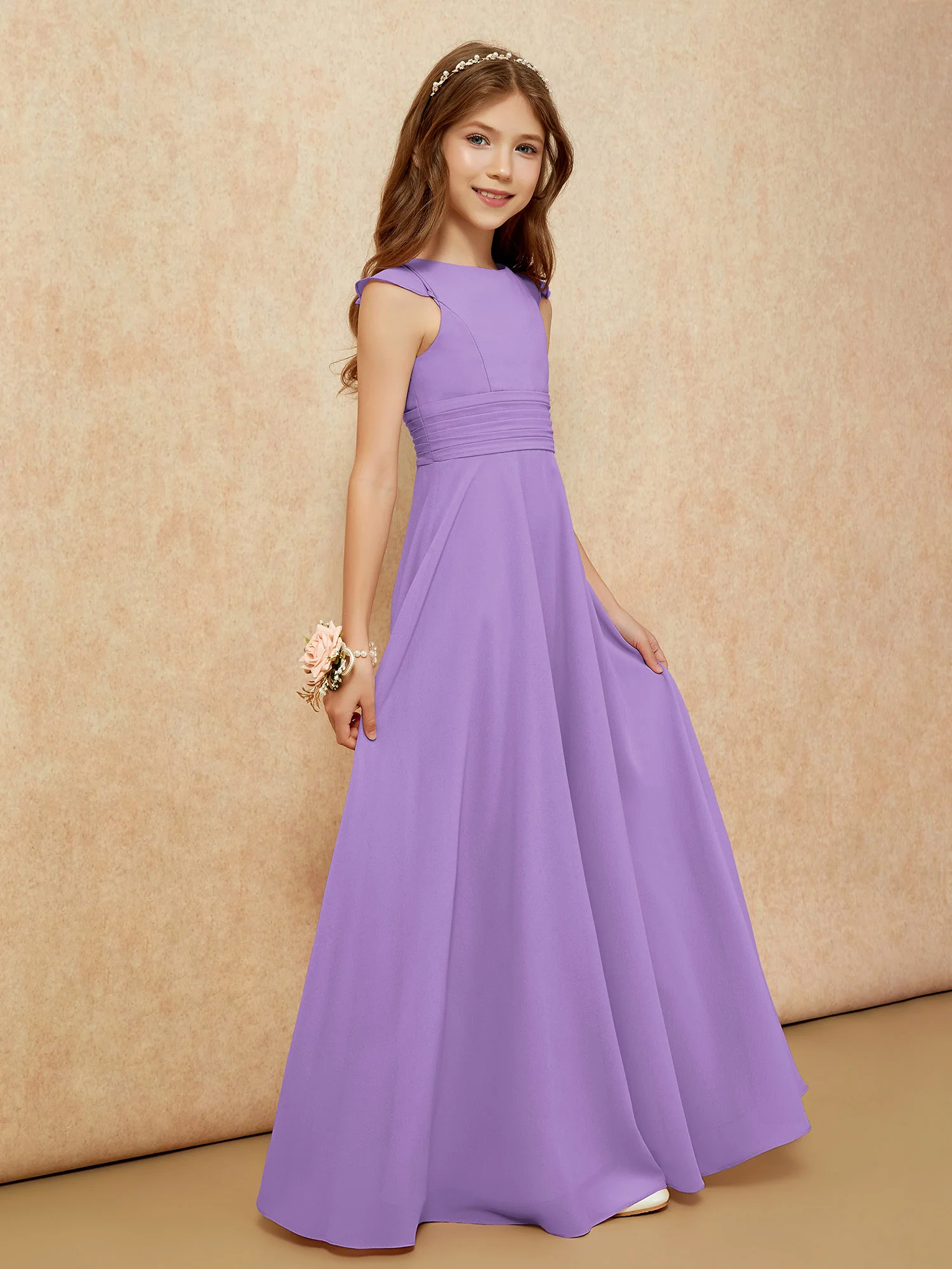 Jewel Neck Flutter Sleeves Chiffon Junior Bridesmaid Dresses Tahiti - Image 5