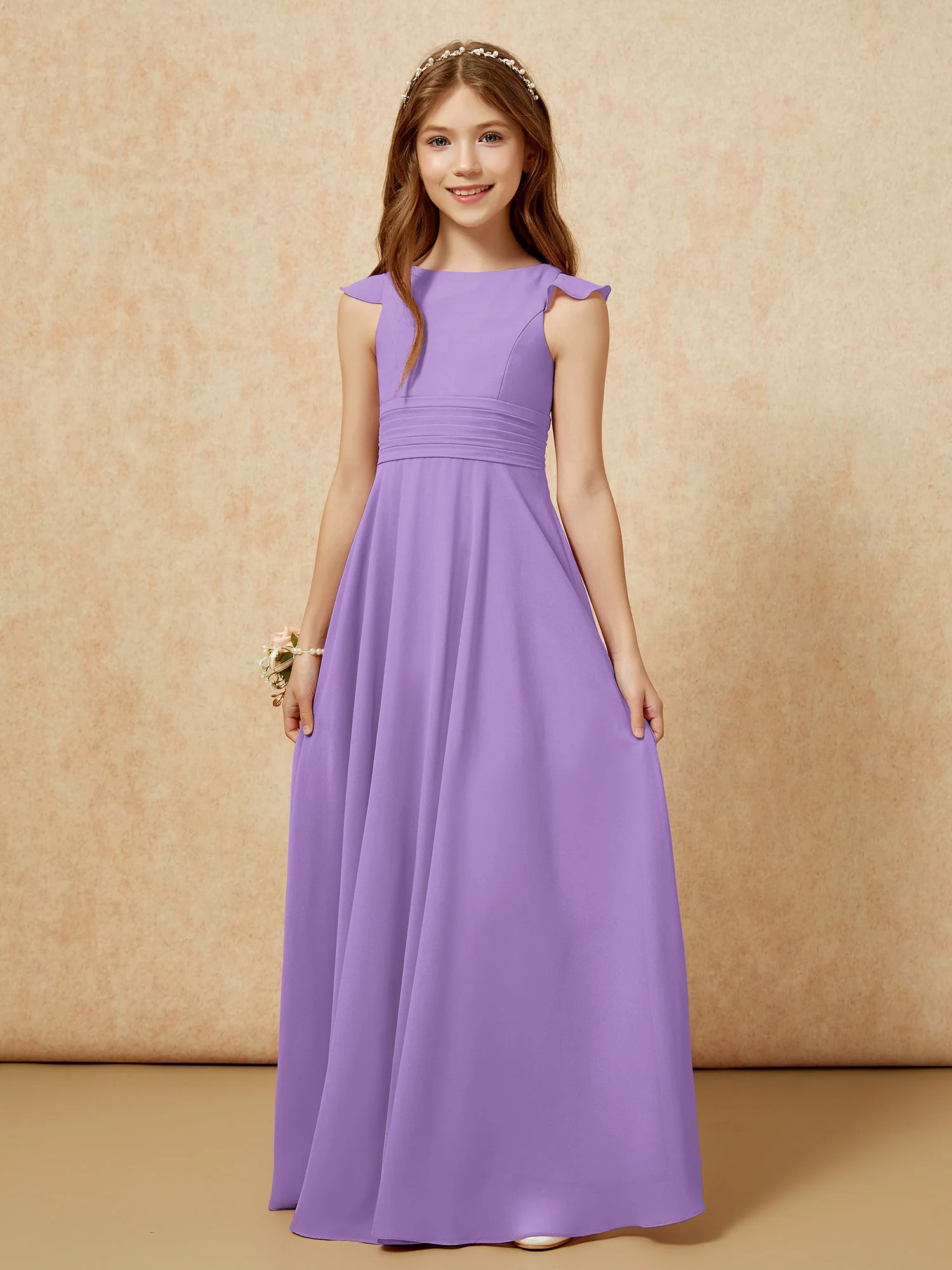 Jewel Neck Flutter Sleeves Chiffon Junior Bridesmaid Dresses Tahiti - Image 6