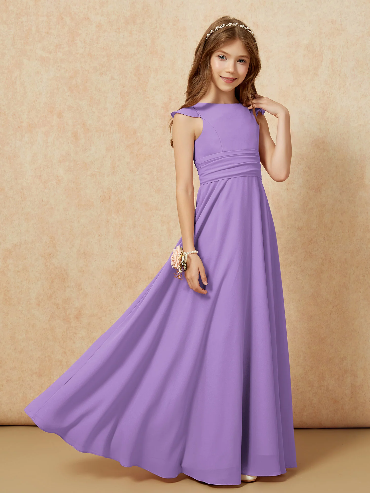Jewel Neck Flutter Sleeves Chiffon Junior Bridesmaid Dresses Tahiti - Image 7