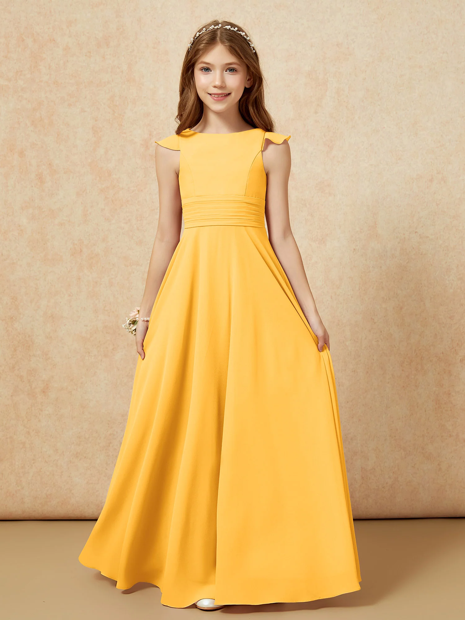 Jewel Neck Flutter Sleeves Chiffon Junior Bridesmaid Dresses Tangerine