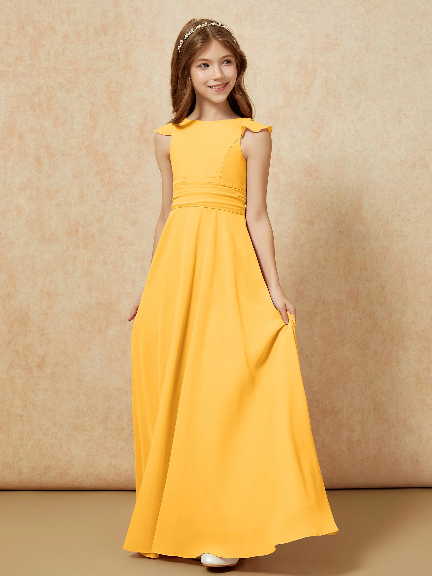 Jewel Neck Flutter Sleeves Chiffon Junior Bridesmaid Dresses Tangerine - Image 3