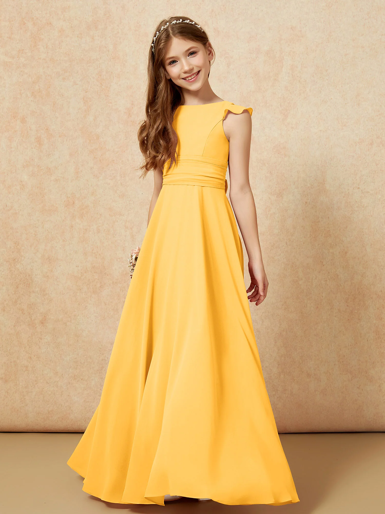 Jewel Neck Flutter Sleeves Chiffon Junior Bridesmaid Dresses Tangerine - Image 4