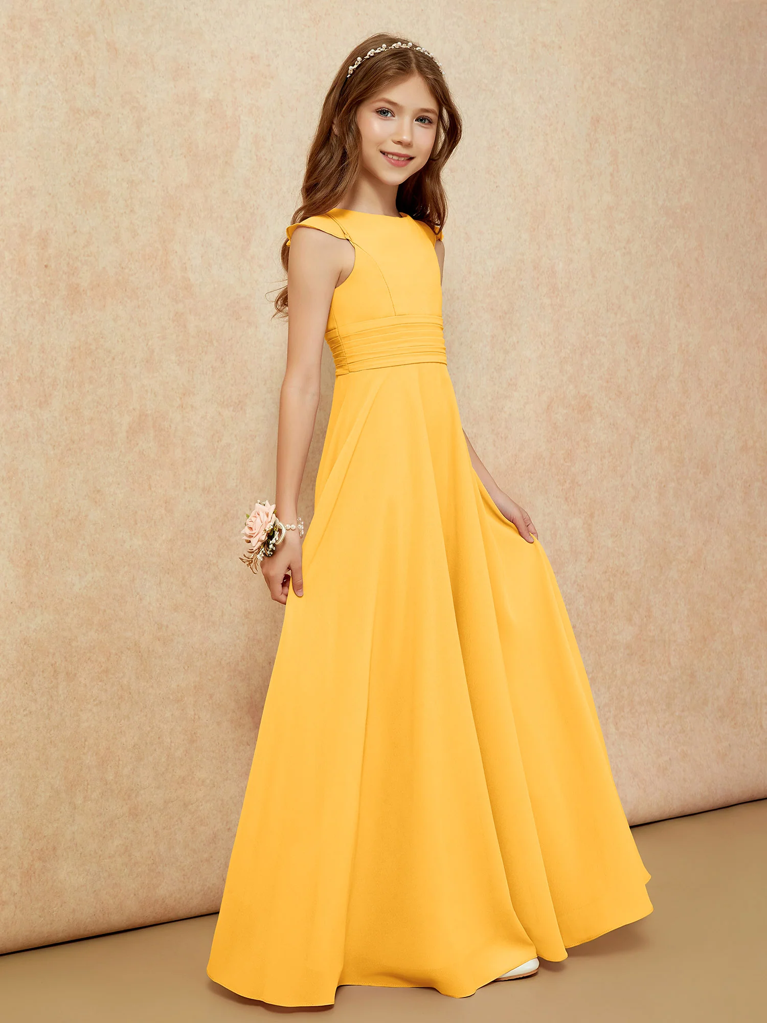 Jewel Neck Flutter Sleeves Chiffon Junior Bridesmaid Dresses Tangerine - Image 5