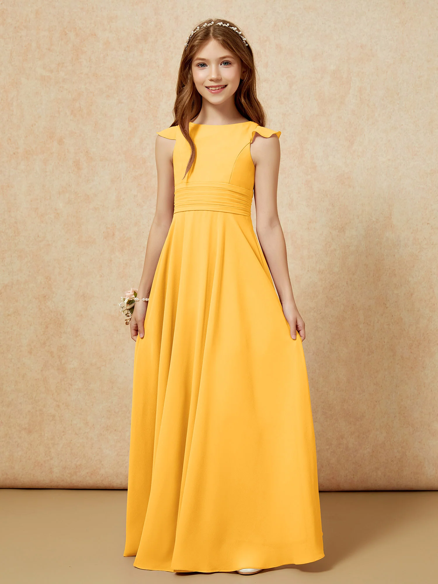 Jewel Neck Flutter Sleeves Chiffon Junior Bridesmaid Dresses Tangerine - Image 6