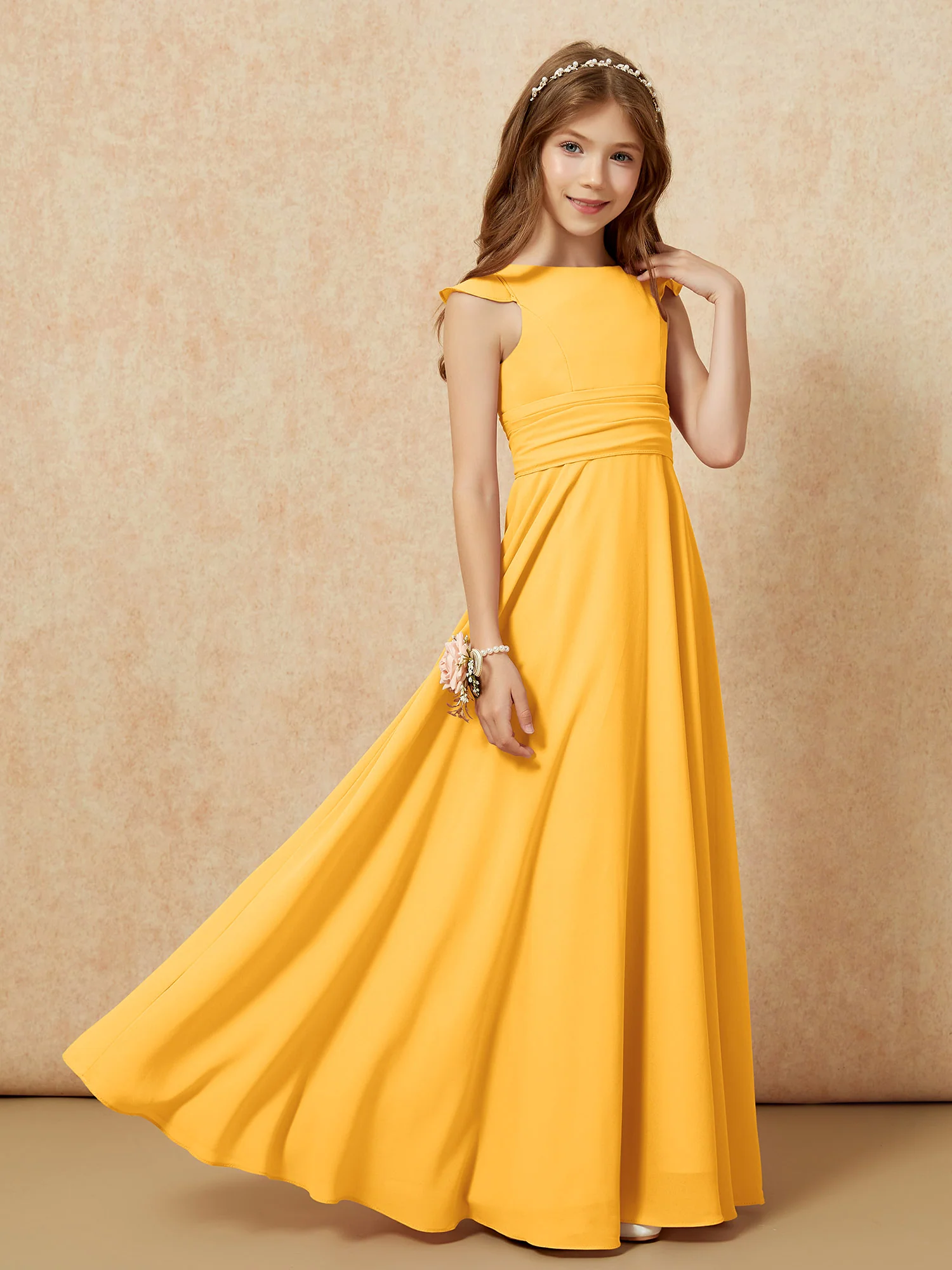 Jewel Neck Flutter Sleeves Chiffon Junior Bridesmaid Dresses Tangerine - Image 7