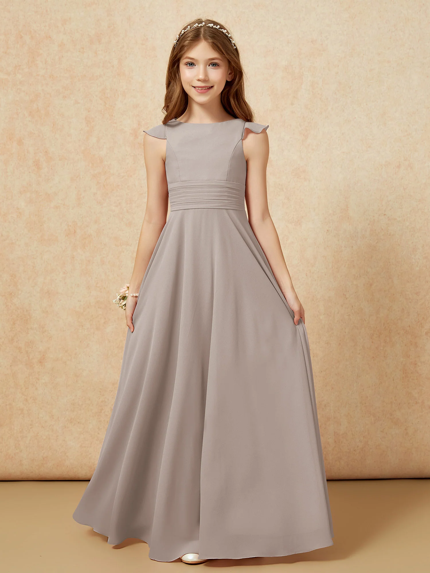 Jewel Neck Flutter Sleeves Chiffon Junior Bridesmaid Dresses Taupe