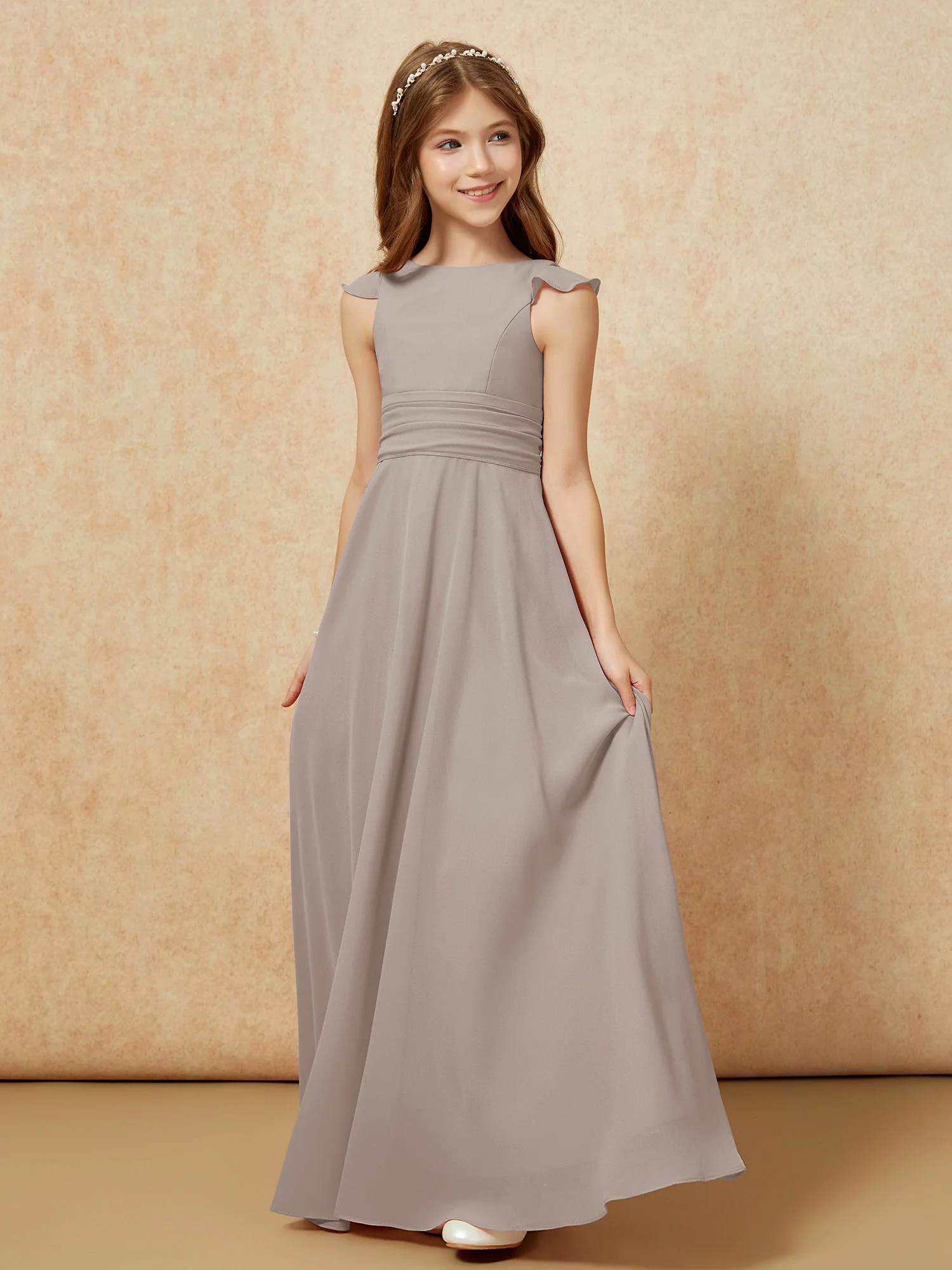 Jewel Neck Flutter Sleeves Chiffon Junior Bridesmaid Dresses Taupe - Image 3
