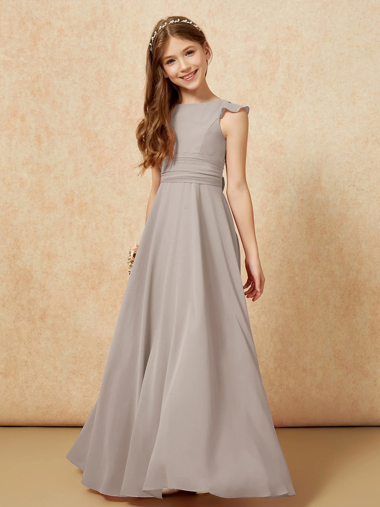 Jewel Neck Flutter Sleeves Chiffon Junior Bridesmaid Dresses Taupe - Image 4