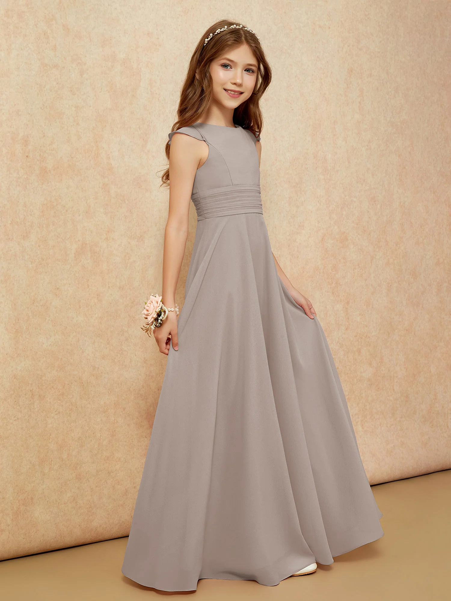 Jewel Neck Flutter Sleeves Chiffon Junior Bridesmaid Dresses Taupe - Image 5