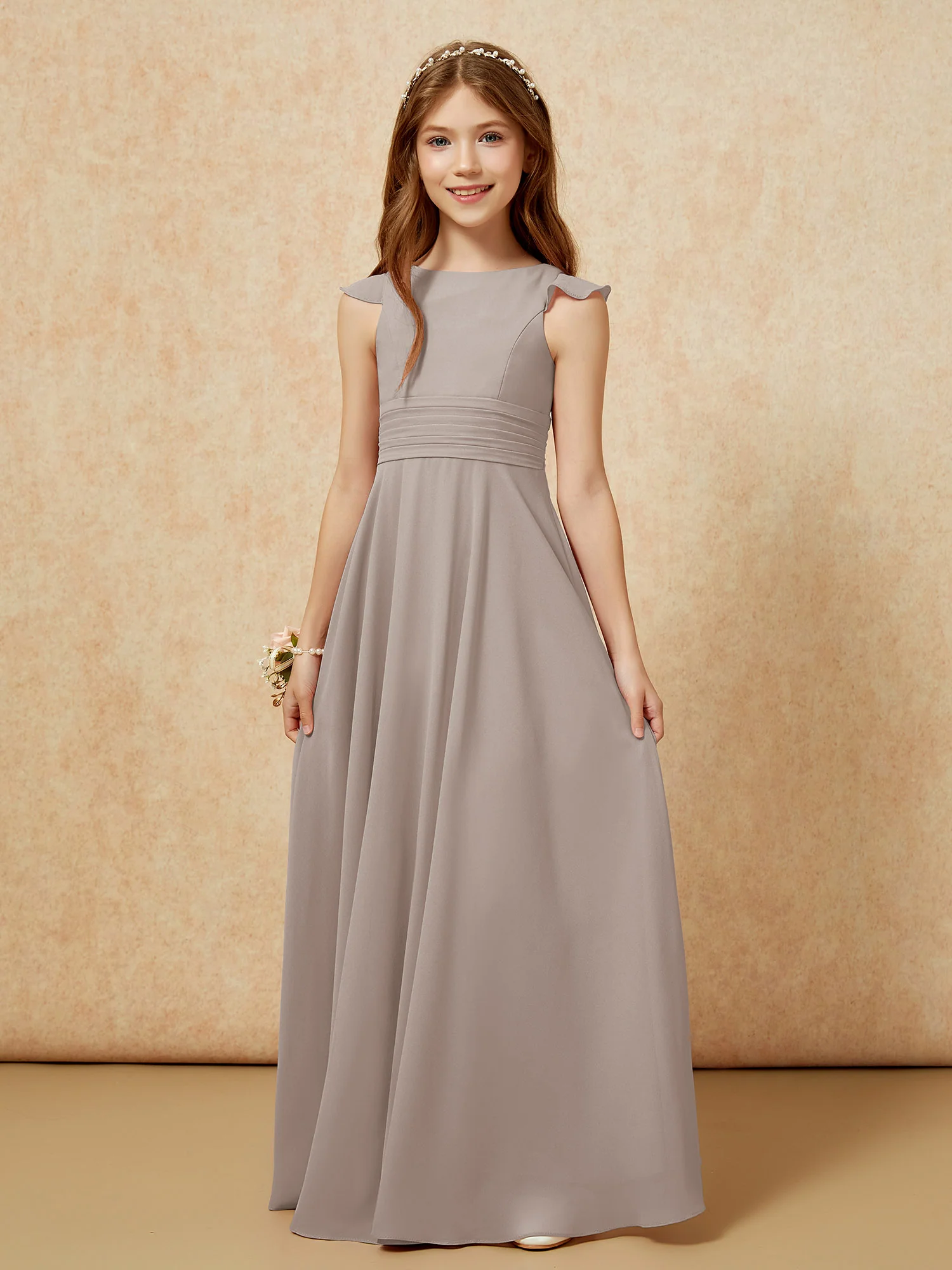 Jewel Neck Flutter Sleeves Chiffon Junior Bridesmaid Dresses Taupe - Image 6