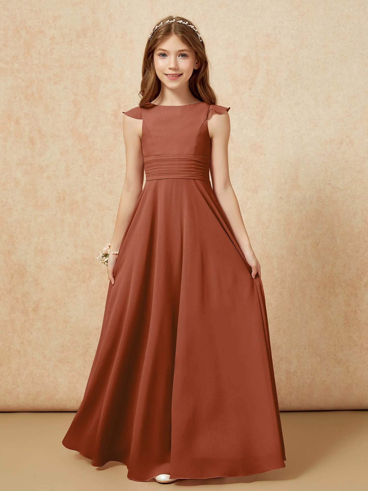 Jewel Neck Flutter Sleeves Chiffon Junior Bridesmaid Dresses Terracotta