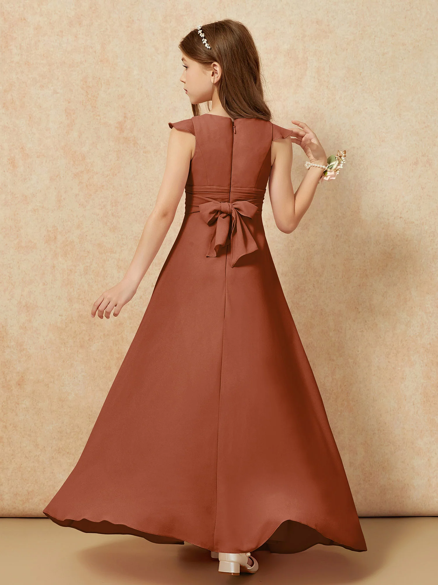 Jewel Neck Flutter Sleeves Chiffon Junior Bridesmaid Dresses Terracotta - Image 2
