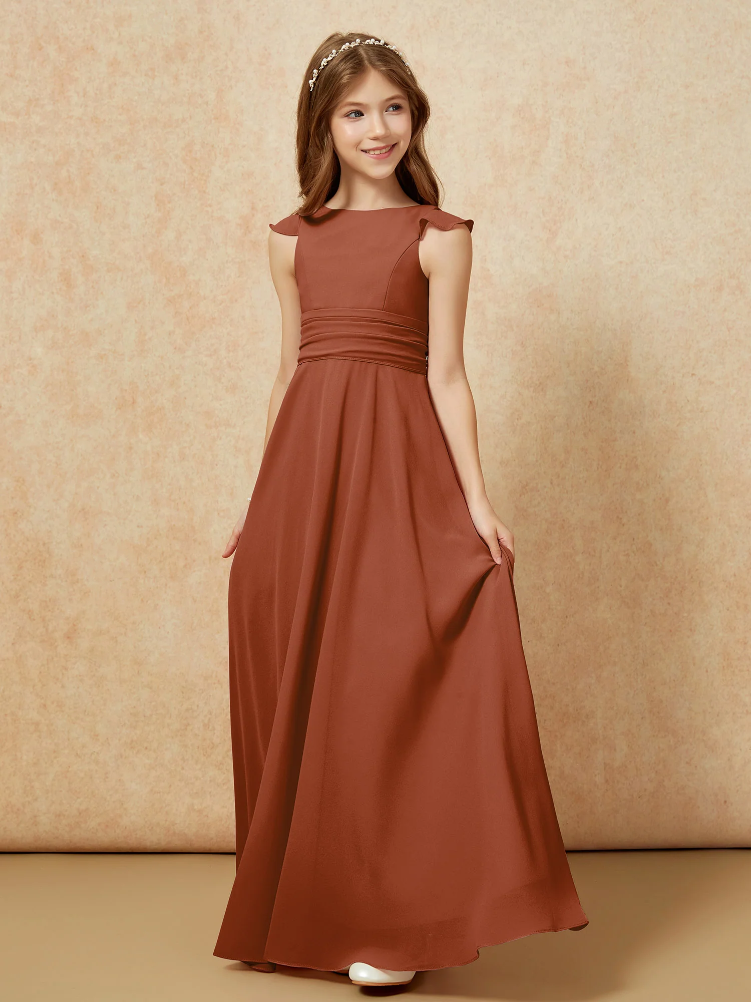 Jewel Neck Flutter Sleeves Chiffon Junior Bridesmaid Dresses Terracotta - Image 3