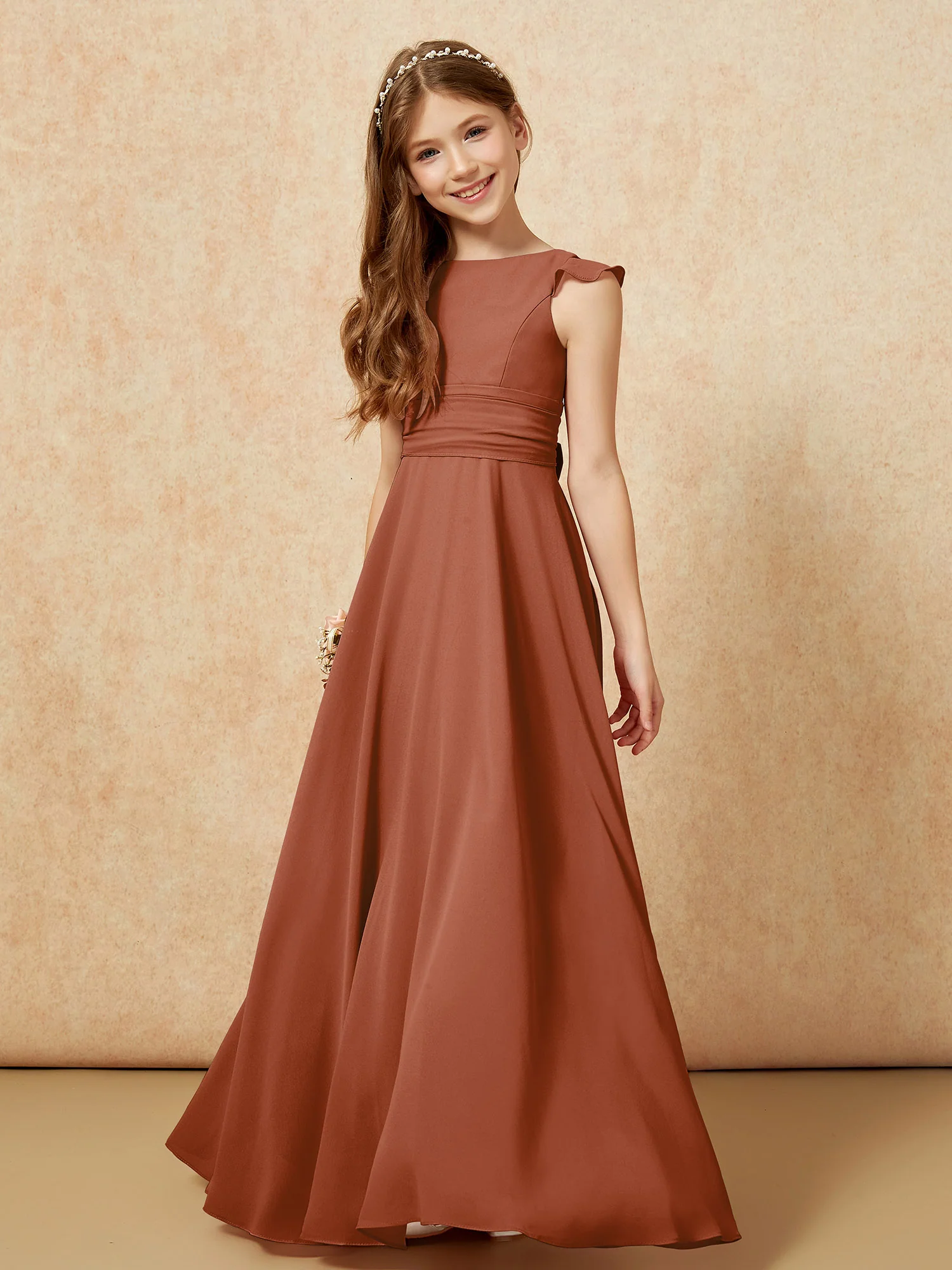 Jewel Neck Flutter Sleeves Chiffon Junior Bridesmaid Dresses Terracotta - Image 4