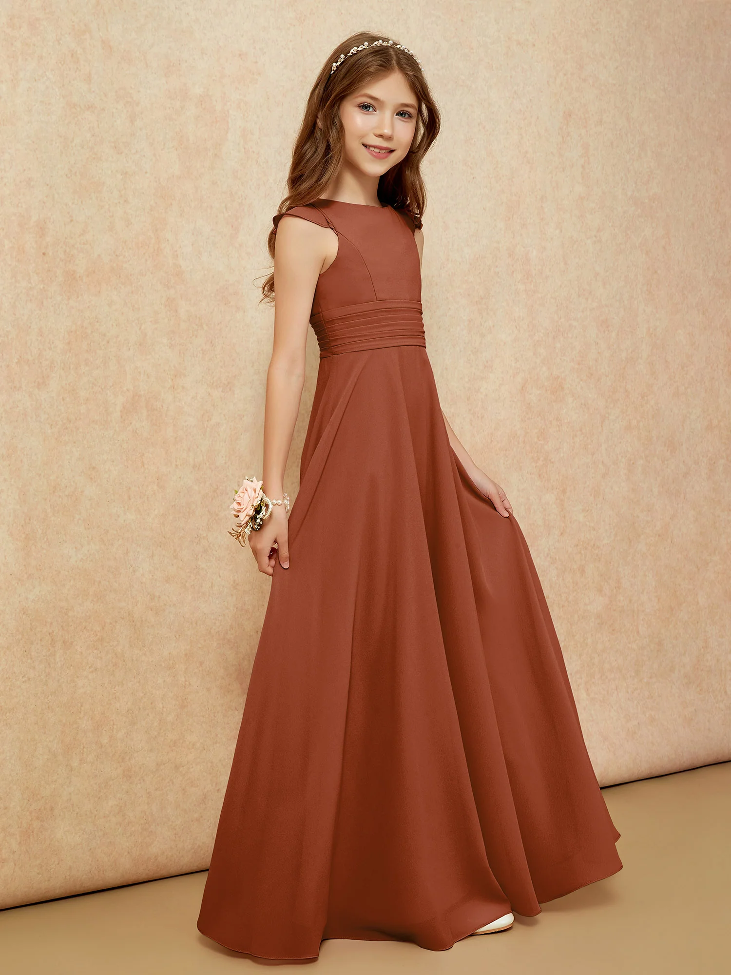 Jewel Neck Flutter Sleeves Chiffon Junior Bridesmaid Dresses Terracotta - Image 5