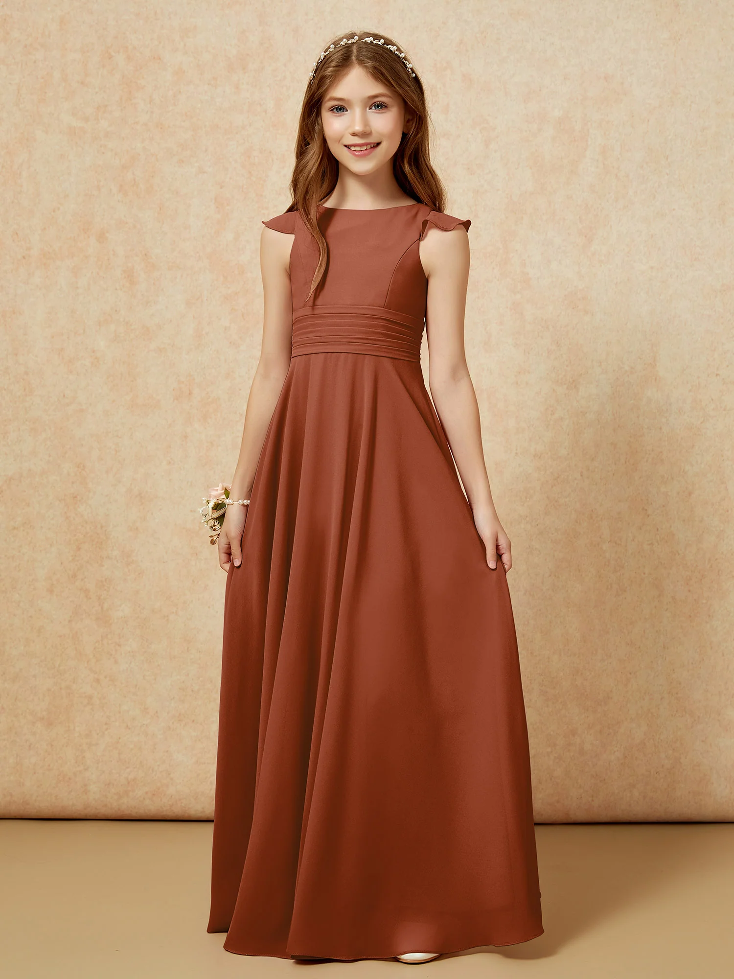 Jewel Neck Flutter Sleeves Chiffon Junior Bridesmaid Dresses Terracotta - Image 6