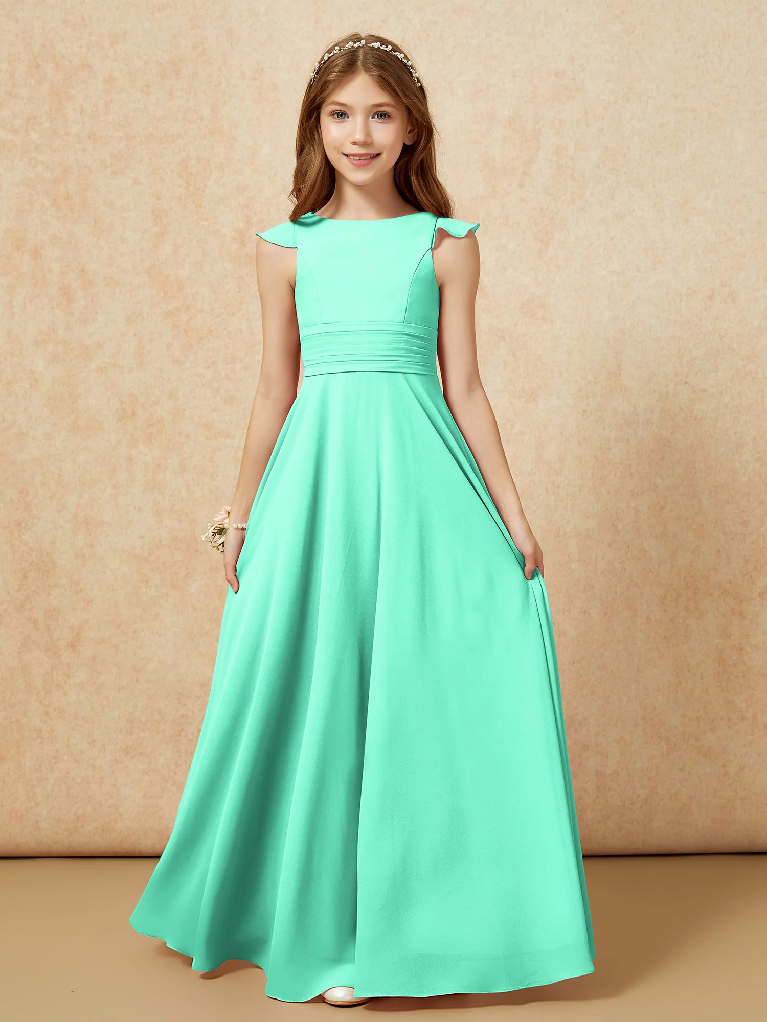 Jewel Neck Flutter Sleeves Chiffon Junior Bridesmaid Dresses Turquoise
