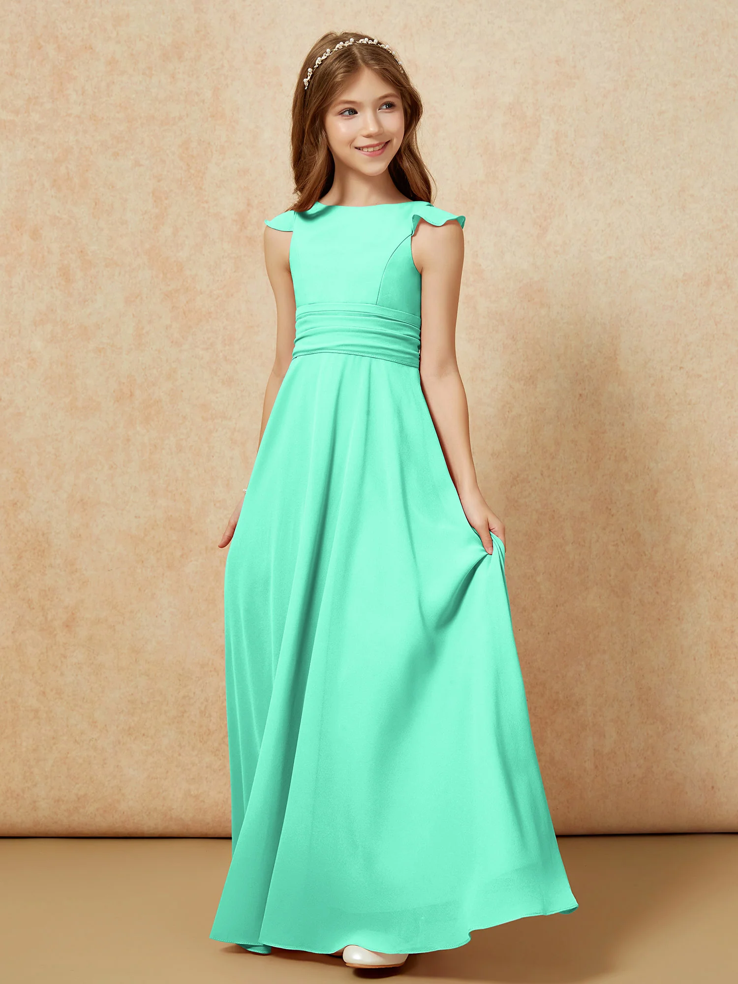 Jewel Neck Flutter Sleeves Chiffon Junior Bridesmaid Dresses Turquoise - Image 3