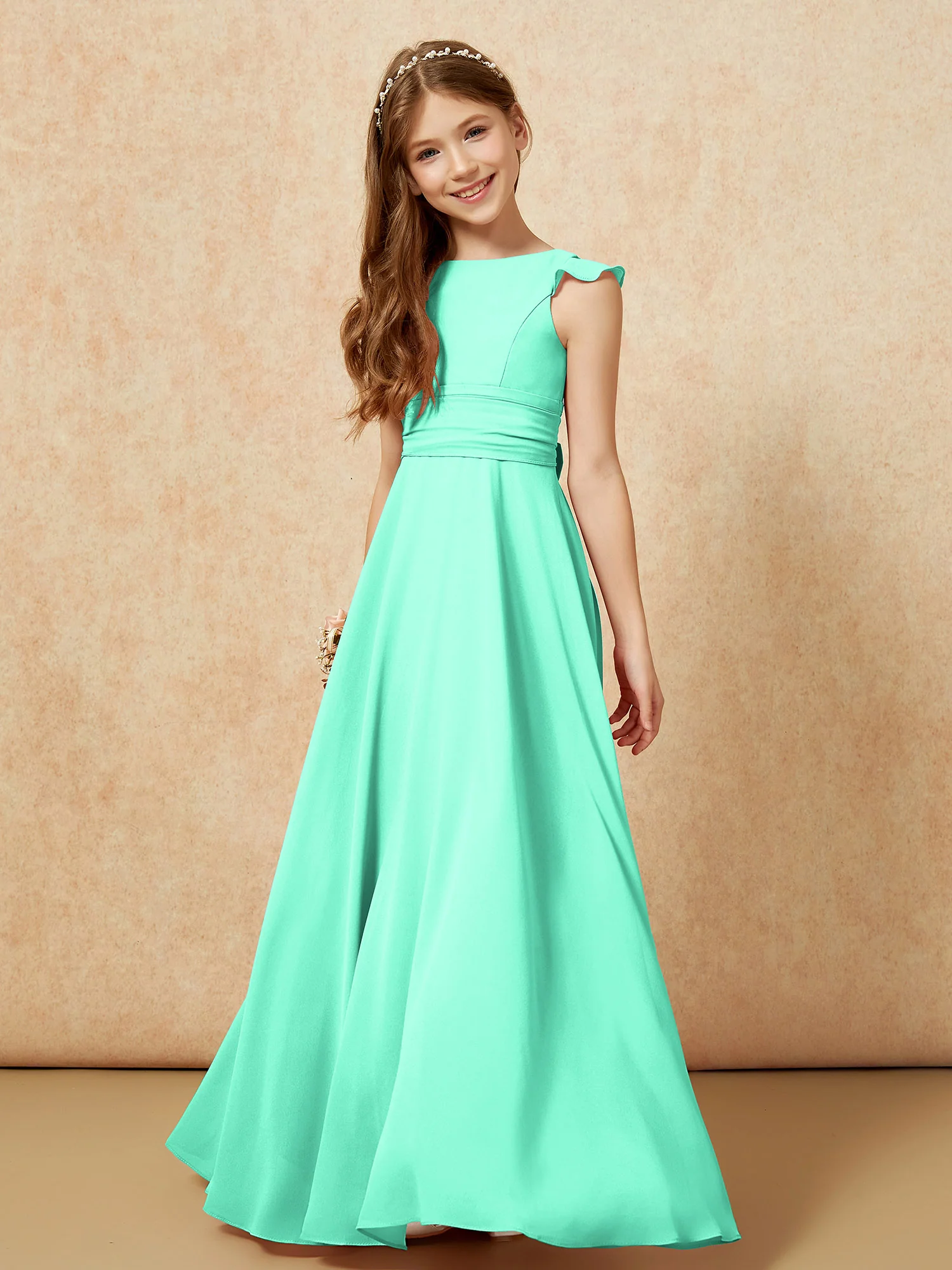 Jewel Neck Flutter Sleeves Chiffon Junior Bridesmaid Dresses Turquoise - Image 4
