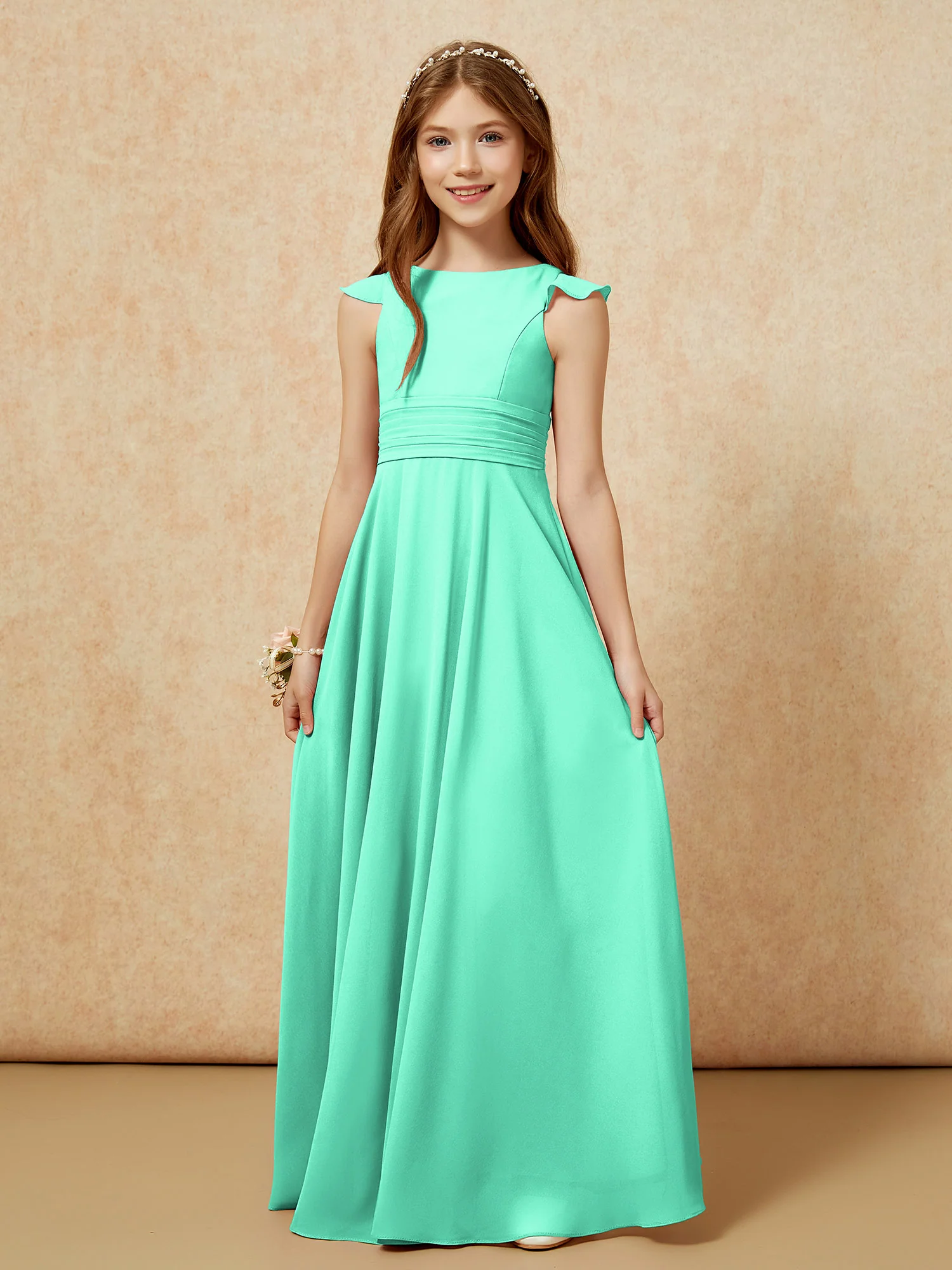 Jewel Neck Flutter Sleeves Chiffon Junior Bridesmaid Dresses Turquoise - Image 6