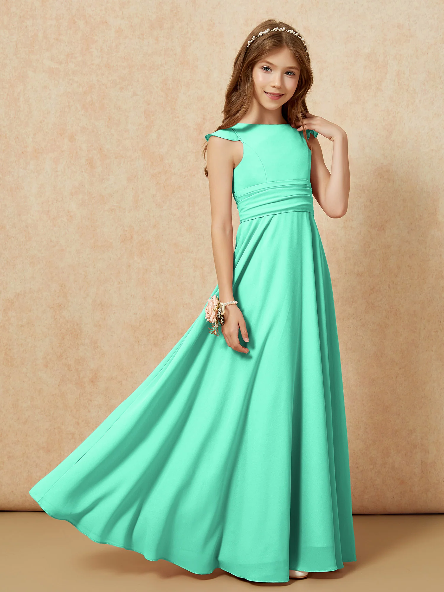 Jewel Neck Flutter Sleeves Chiffon Junior Bridesmaid Dresses Turquoise - Image 7