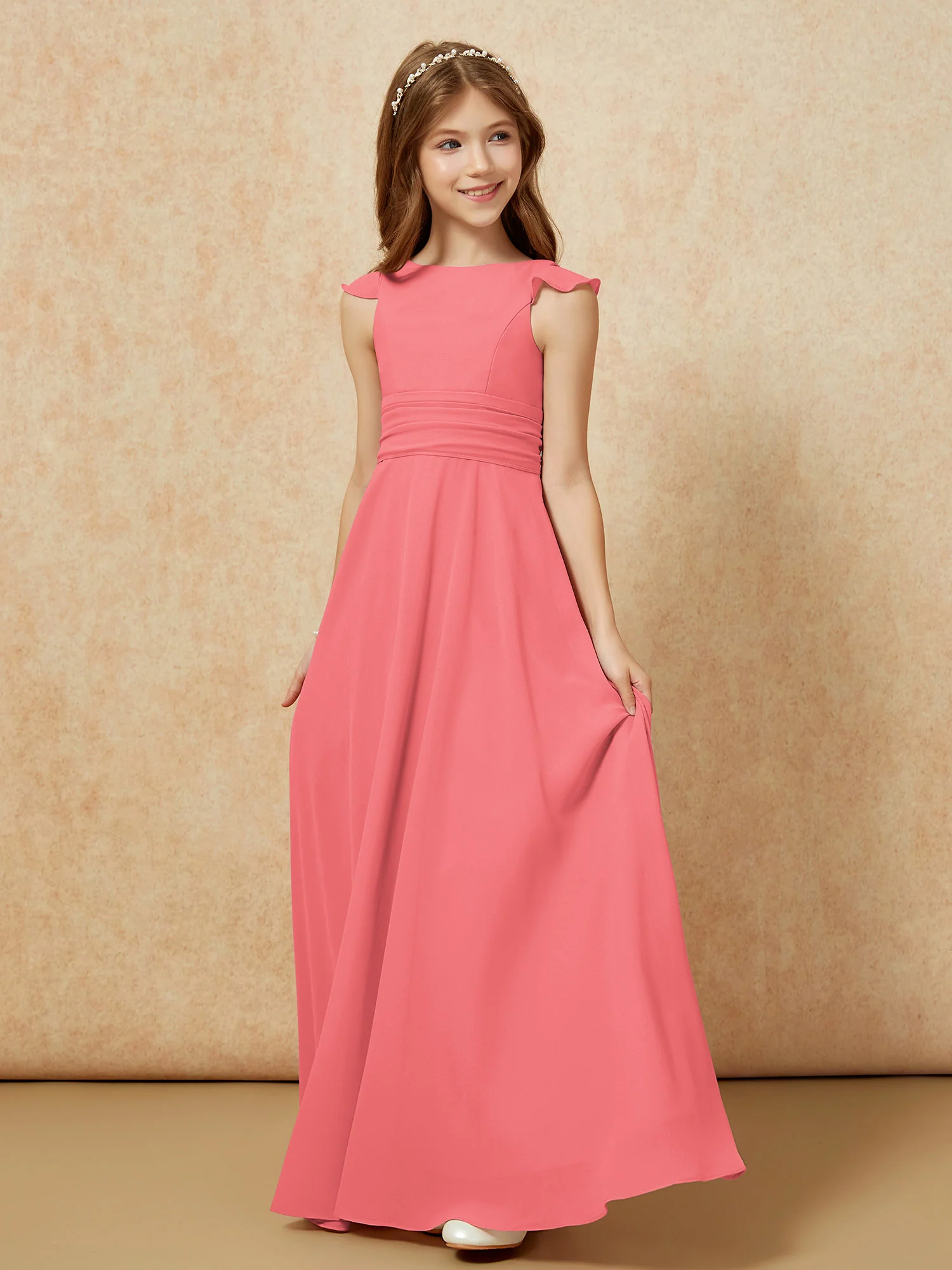Jewel Neck Flutter Sleeves Chiffon Junior Bridesmaid Dresses Watermelon - Image 3