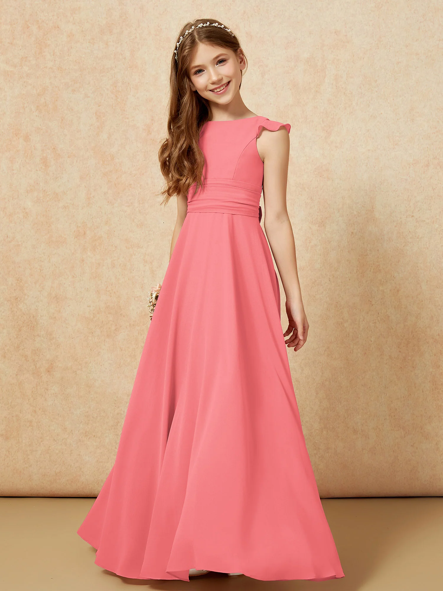Jewel Neck Flutter Sleeves Chiffon Junior Bridesmaid Dresses Watermelon - Image 4