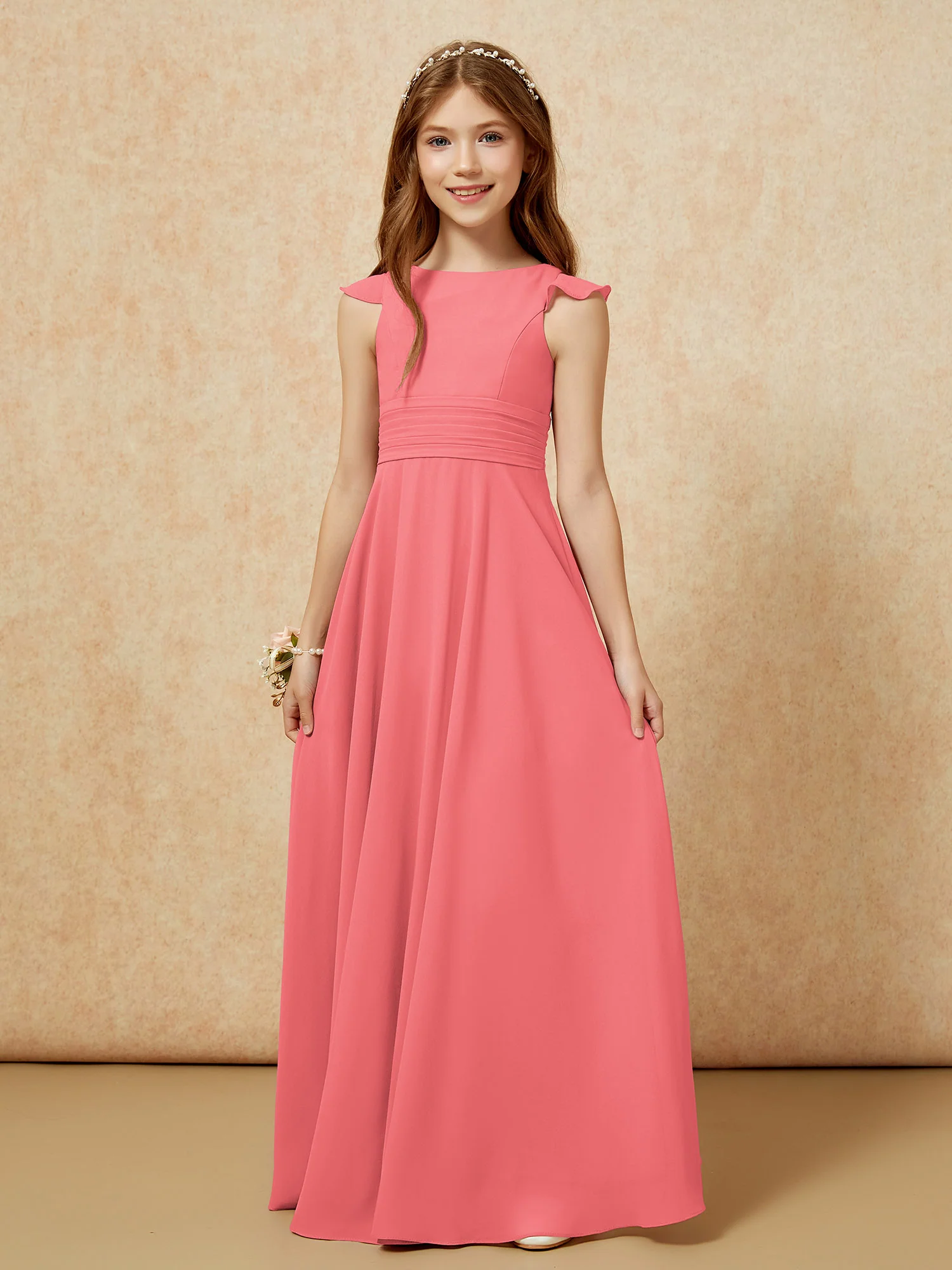 Jewel Neck Flutter Sleeves Chiffon Junior Bridesmaid Dresses Watermelon - Image 6