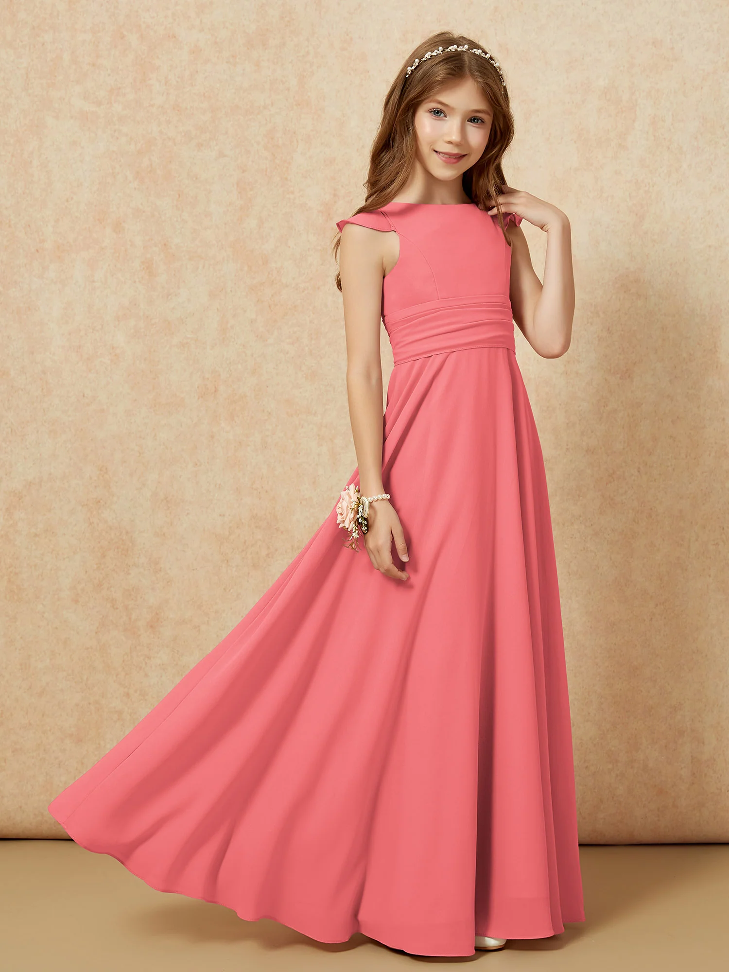 Jewel Neck Flutter Sleeves Chiffon Junior Bridesmaid Dresses Watermelon - Image 7