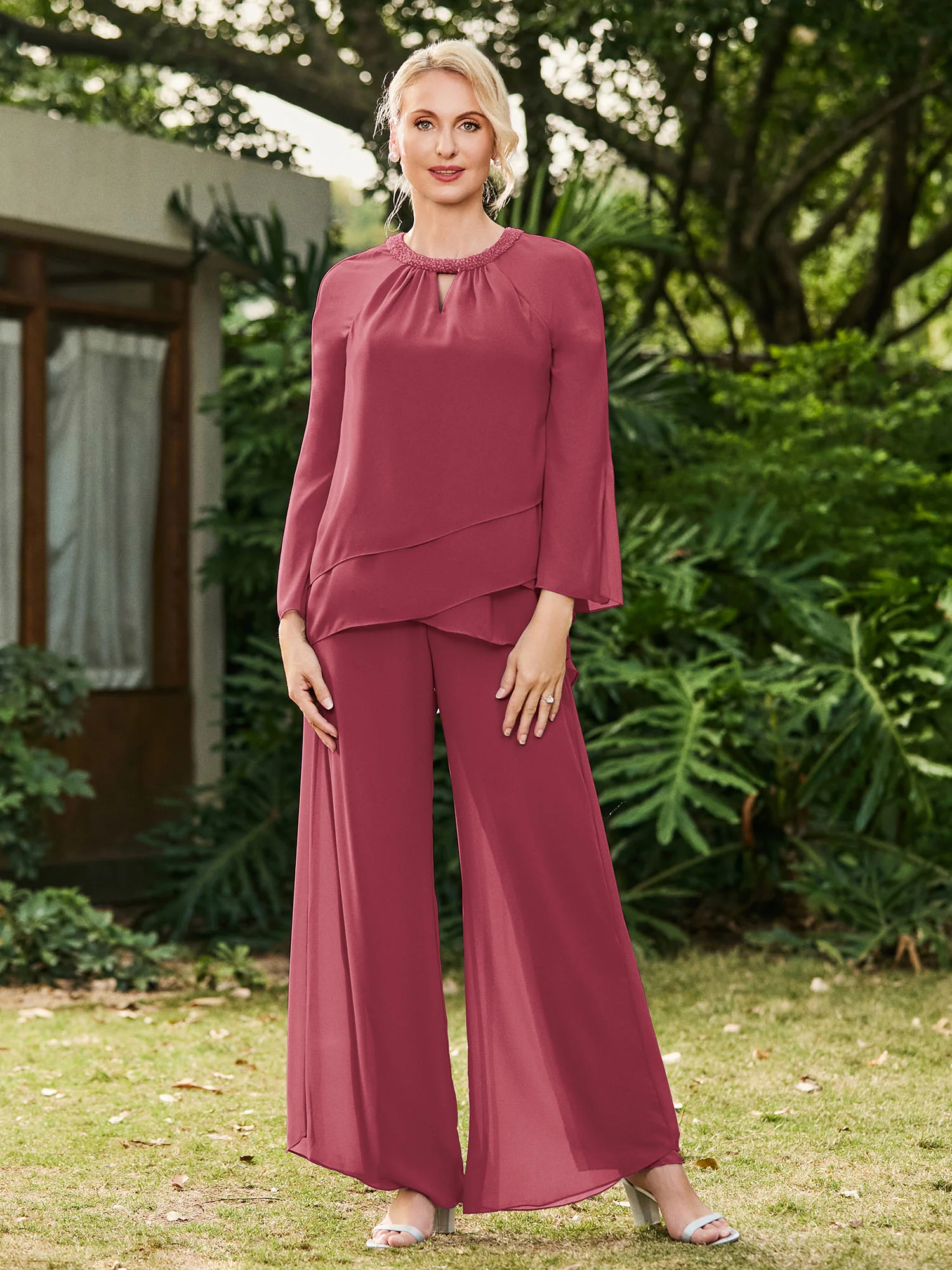Jewel Neck Long Sleeve Chiffon Top and Pants Set Cinnamon Rose