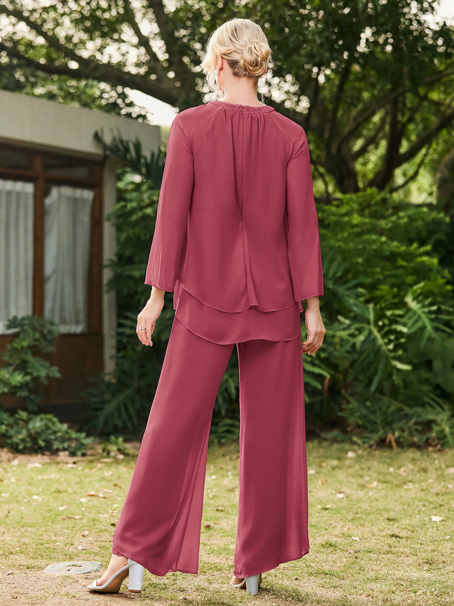 Jewel Neck Long Sleeve Chiffon Top and Pants Set Cinnamon Rose - Image 2