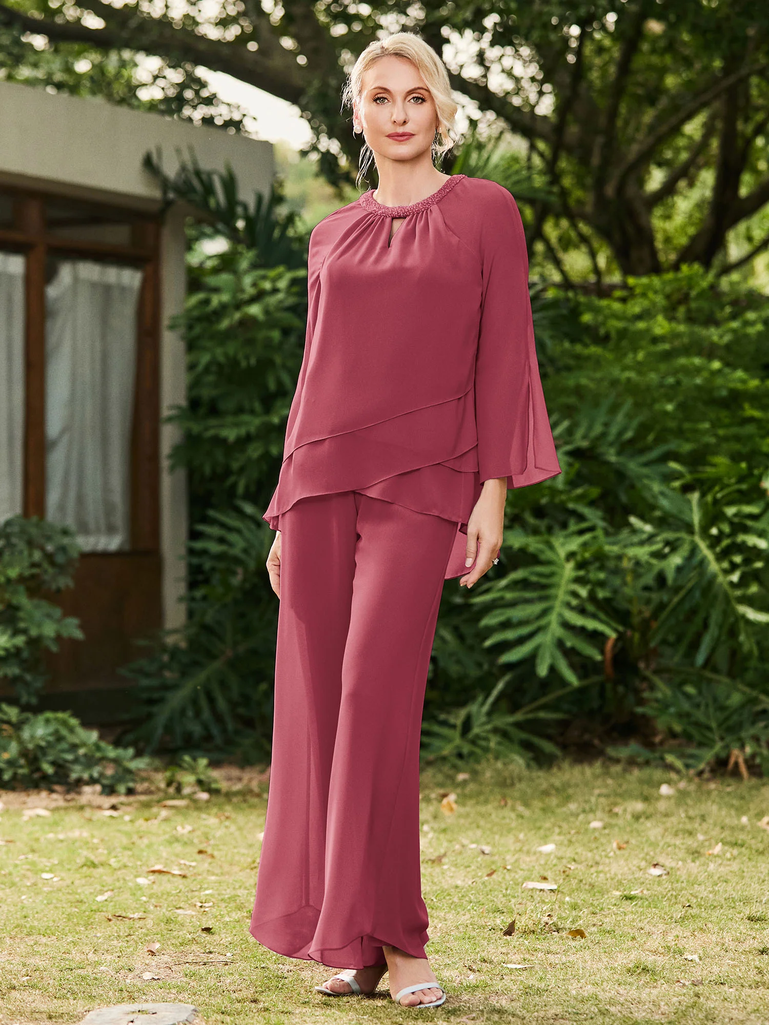 Jewel Neck Long Sleeve Chiffon Top and Pants Set Cinnamon Rose - Image 3