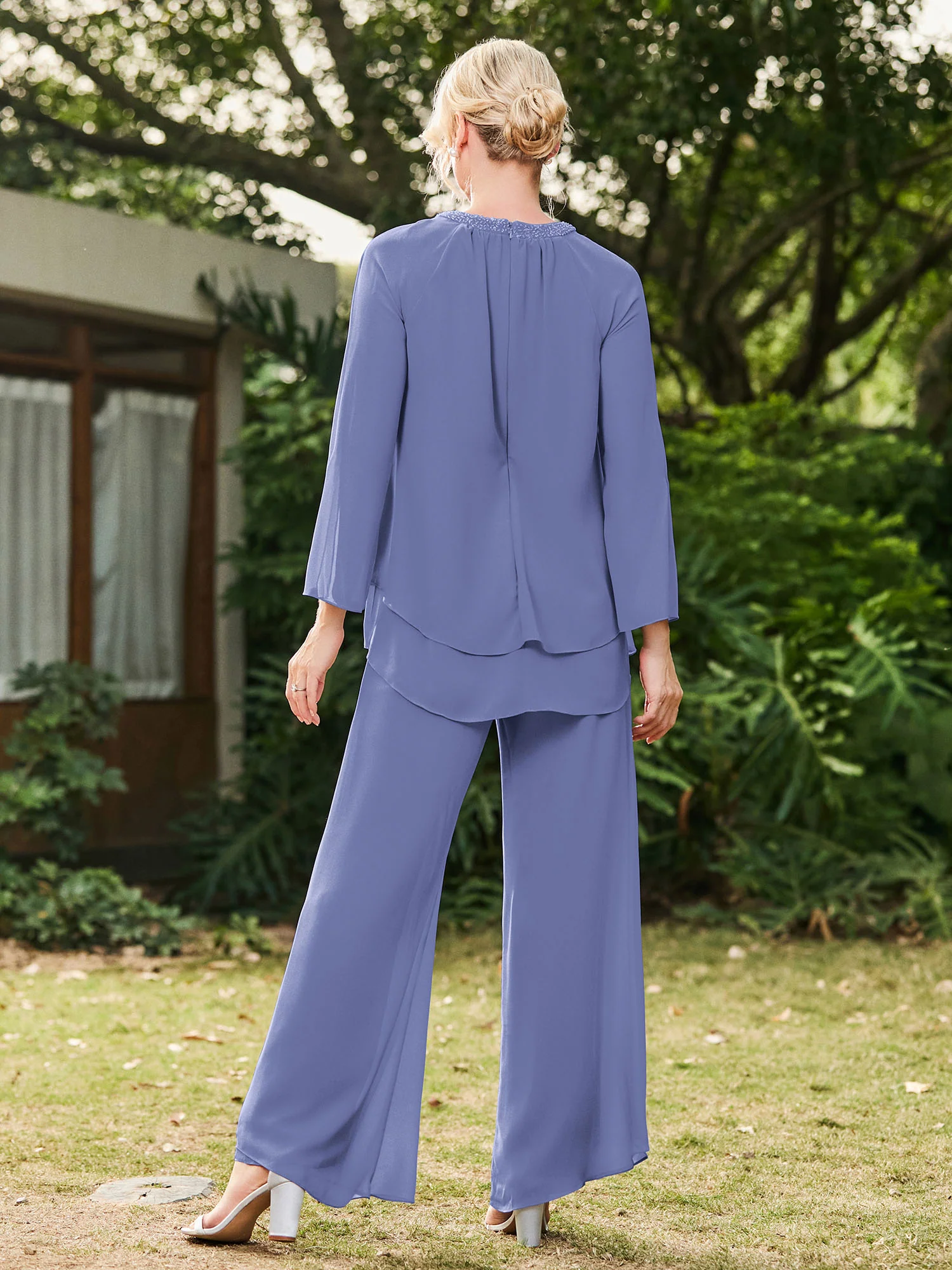 Jewel Neck Long Sleeve Chiffon Top and Pants Set Periwinkle - Image 2